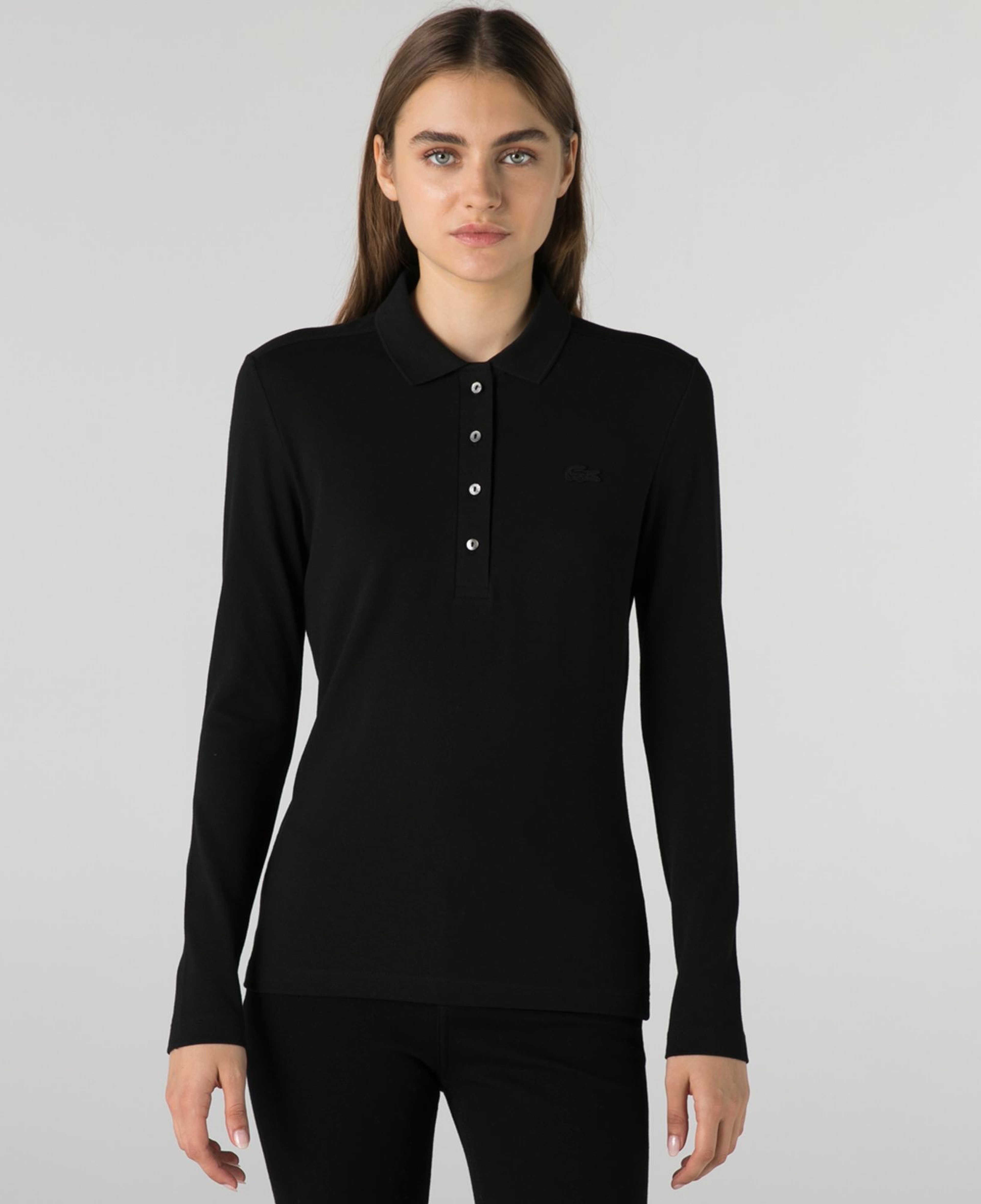 Kadın Slim Fit Uzun Kollu Siyah Polo