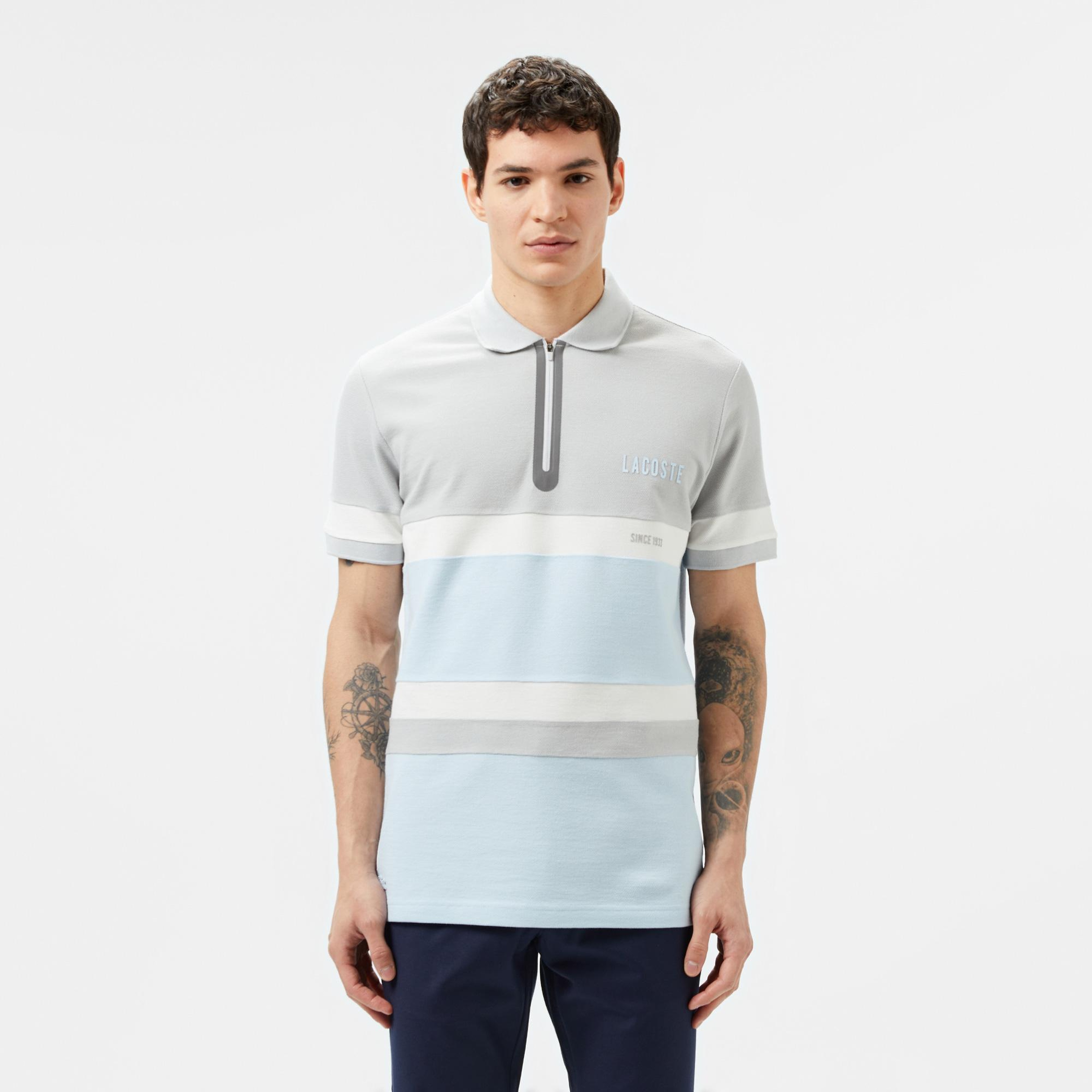 Erkek Regular Fit Yarım Fermuarlı Renk Bloklu Açık Mavi Polo