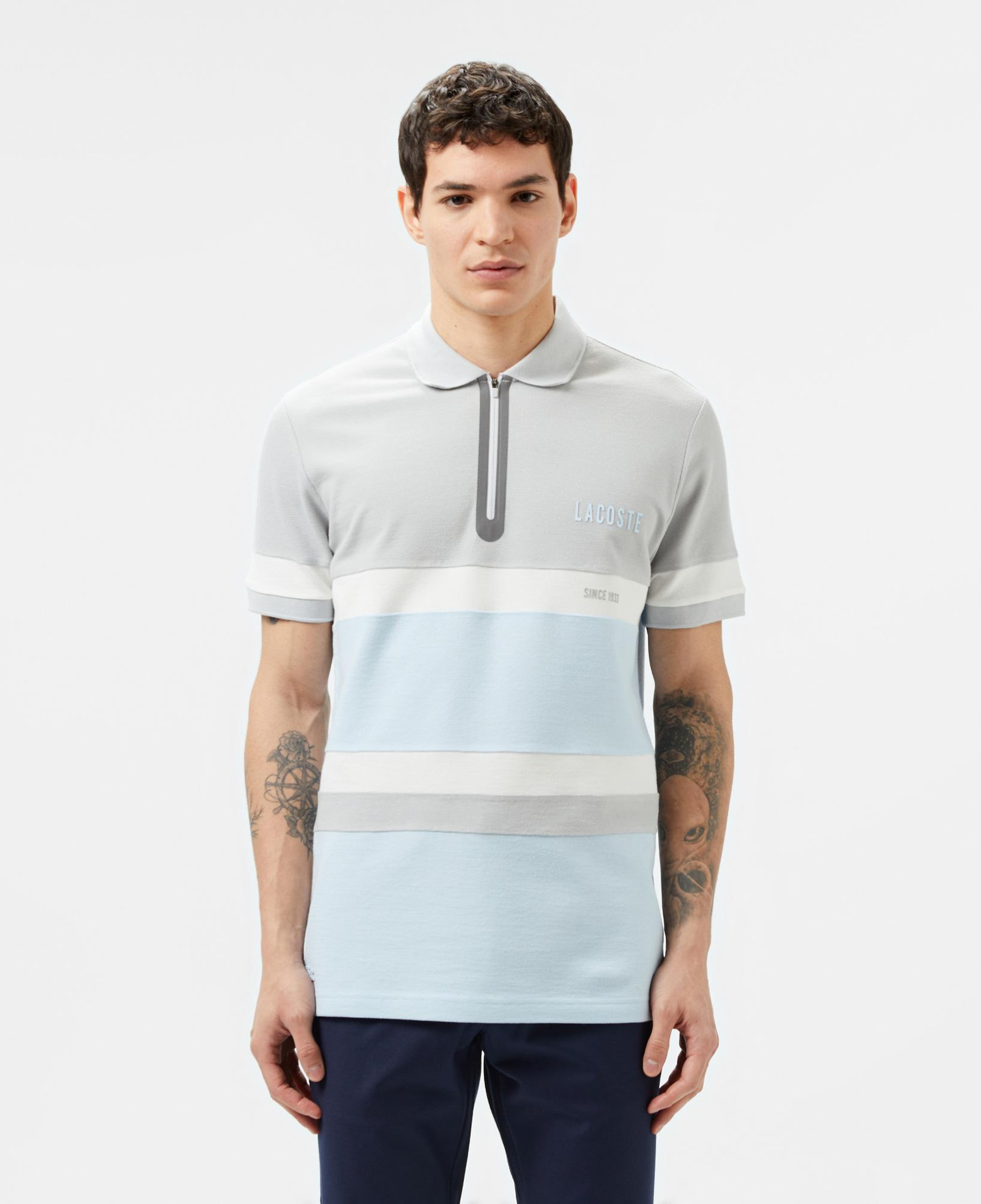 Erkek Regular Fit Yarım Fermuarlı Renk Bloklu Açık Mavi Polo