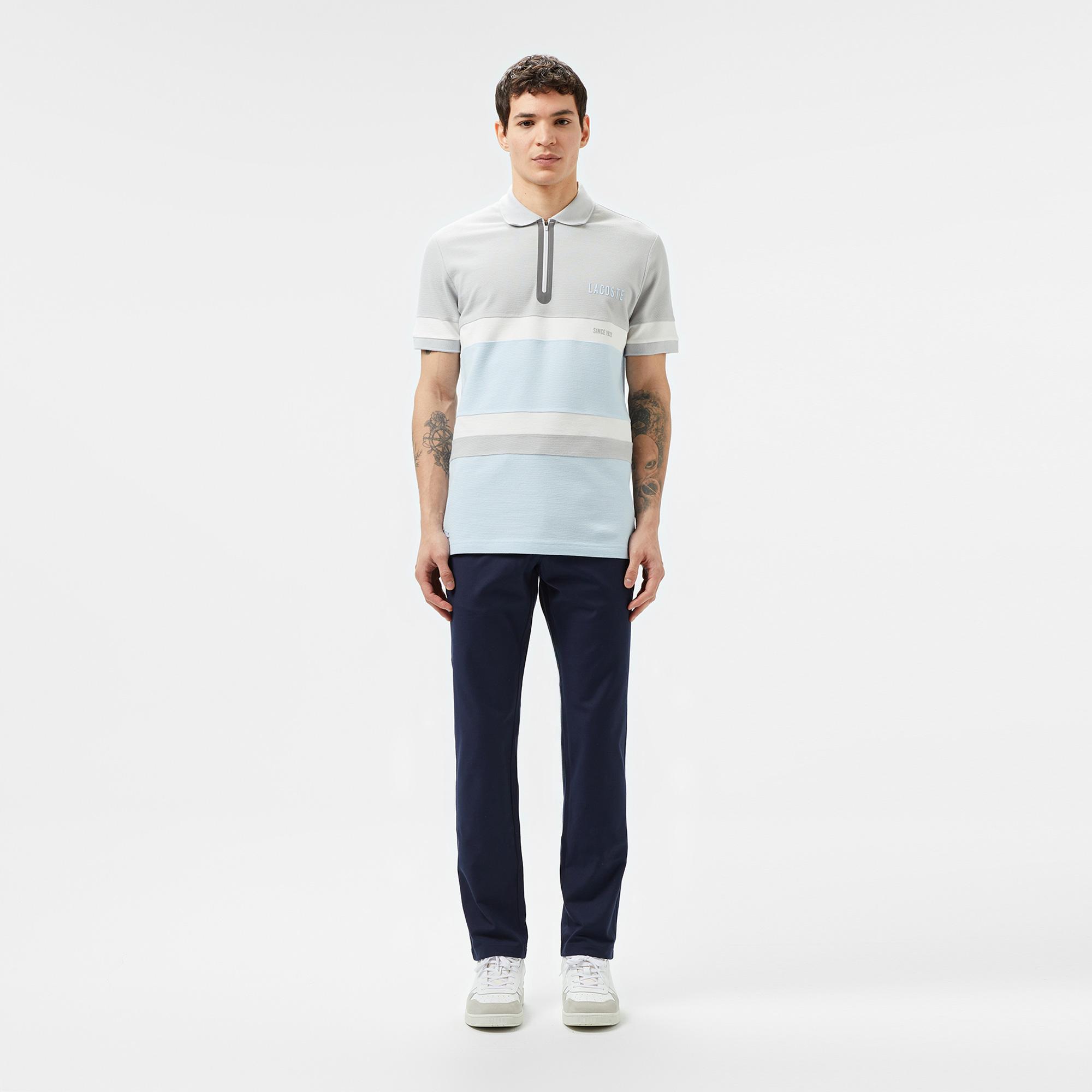 Erkek Regular Fit Yarım Fermuarlı Renk Bloklu Açık Mavi Polo