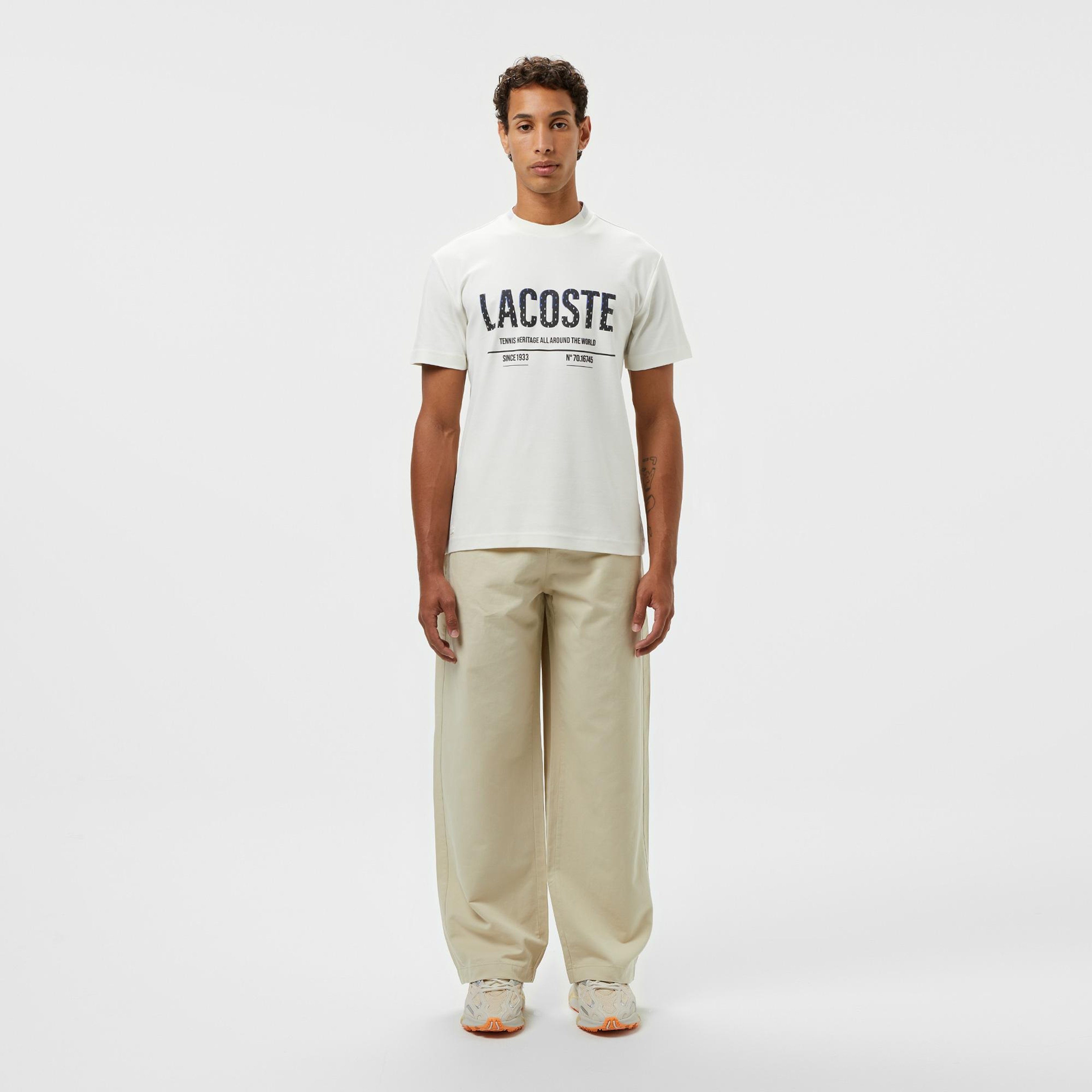 Lacoste Erkek Slim Fit Bisiklet Yaka Baskılı Beyaz T-Shirt