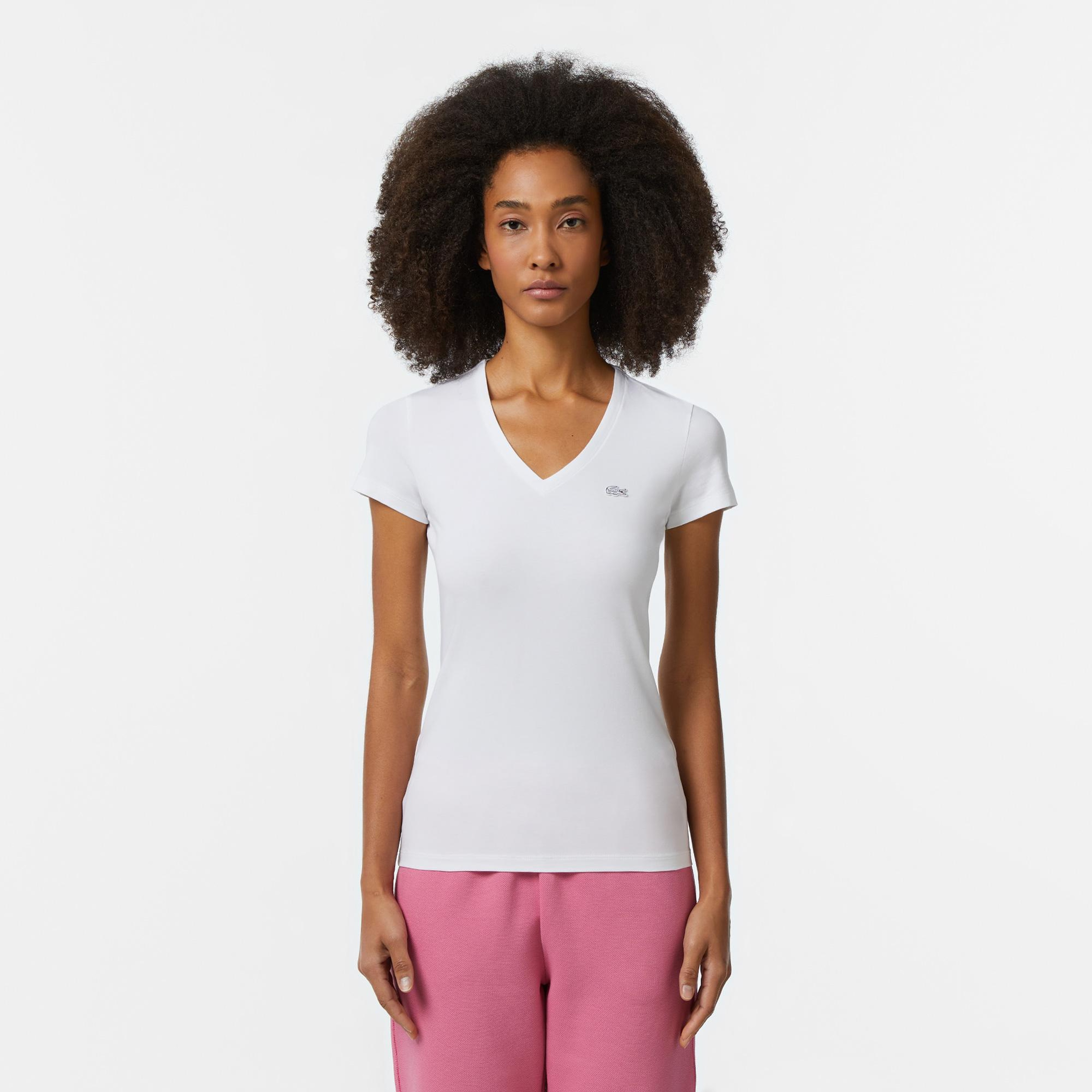 Kadın Slim Fit V Yaka Beyaz T-Shirt