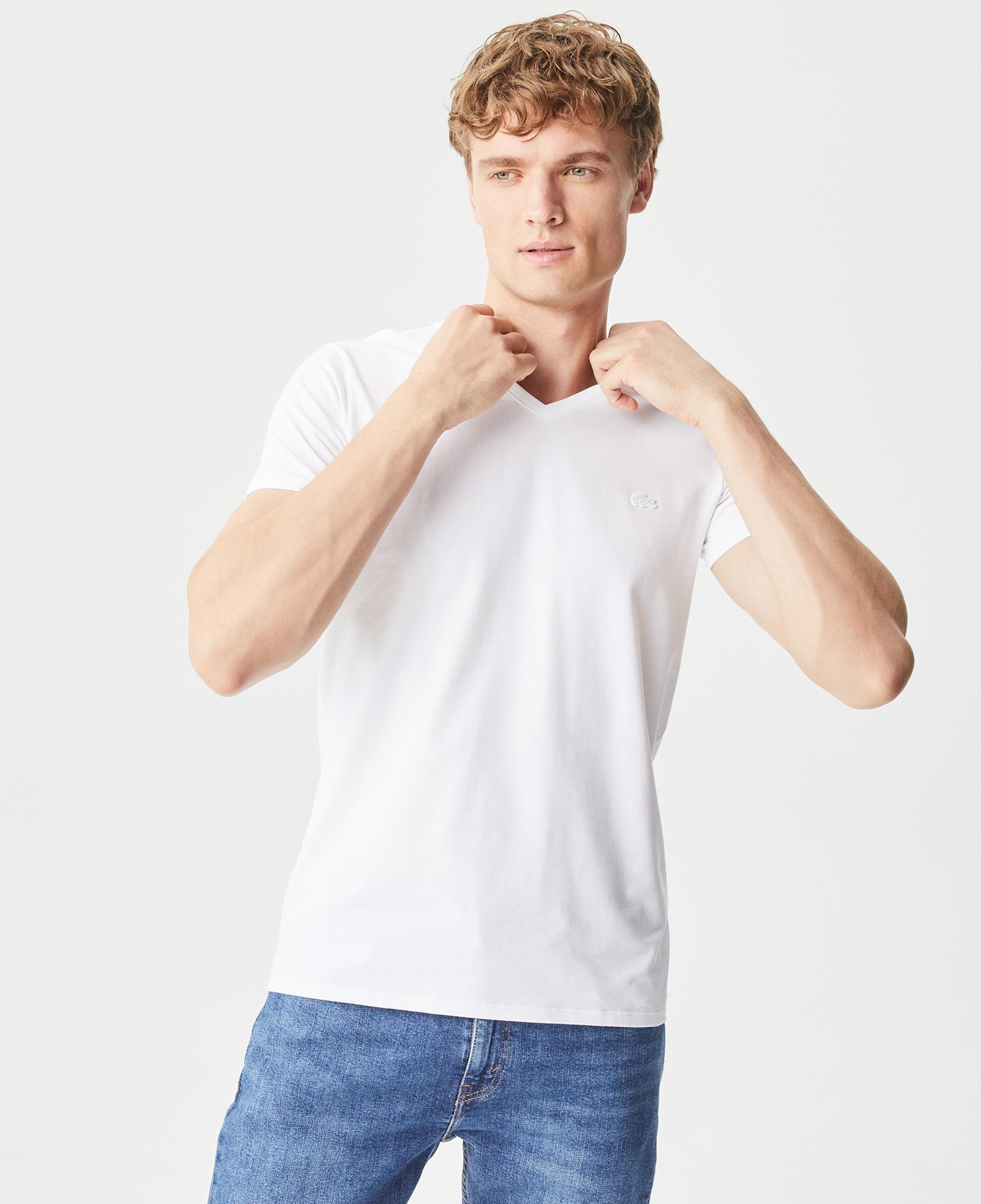 Erkek Slim Fit V Yaka Beyaz T-Shirt