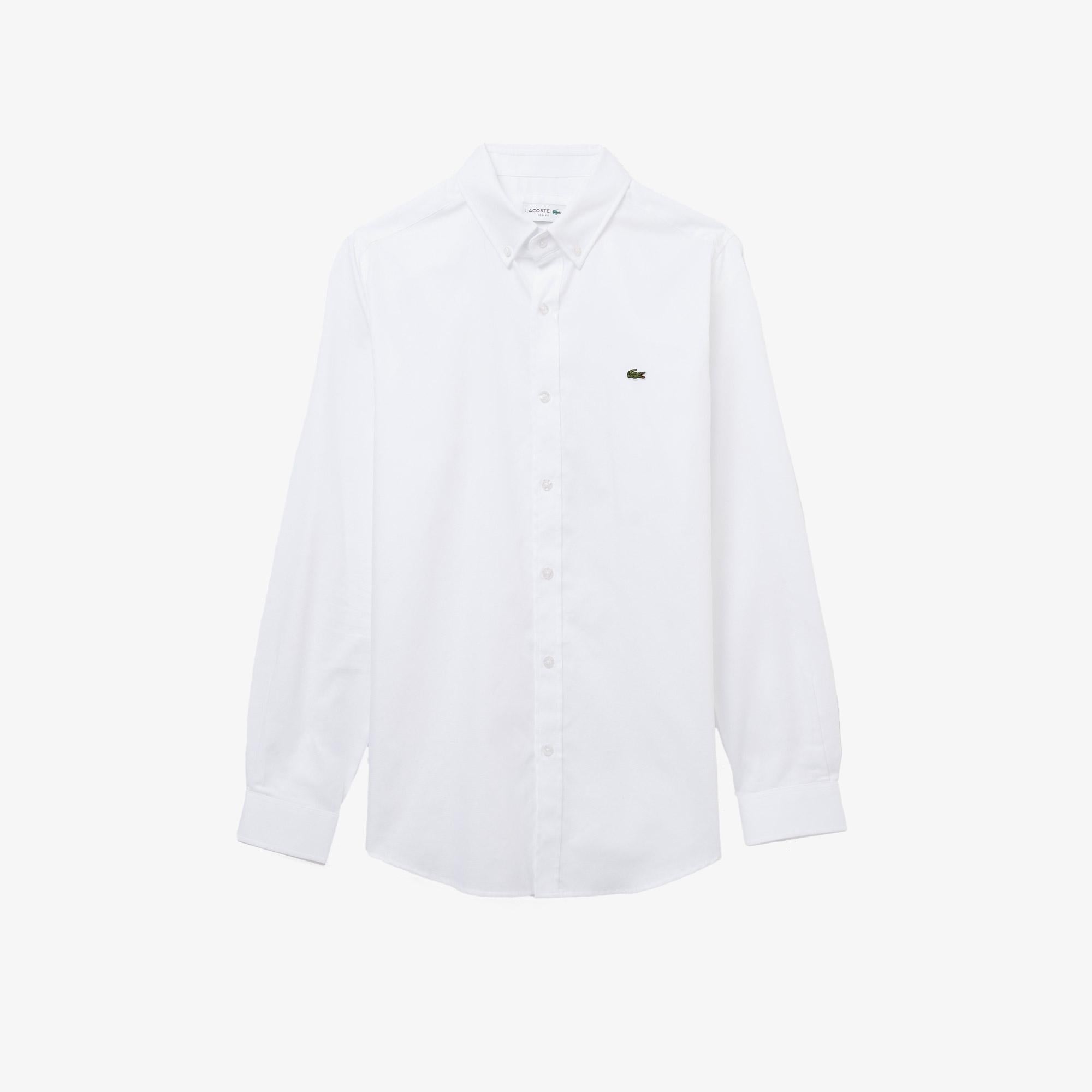 Erkek Slim Fit Düğmeli Yaka Beyaz Gömlek