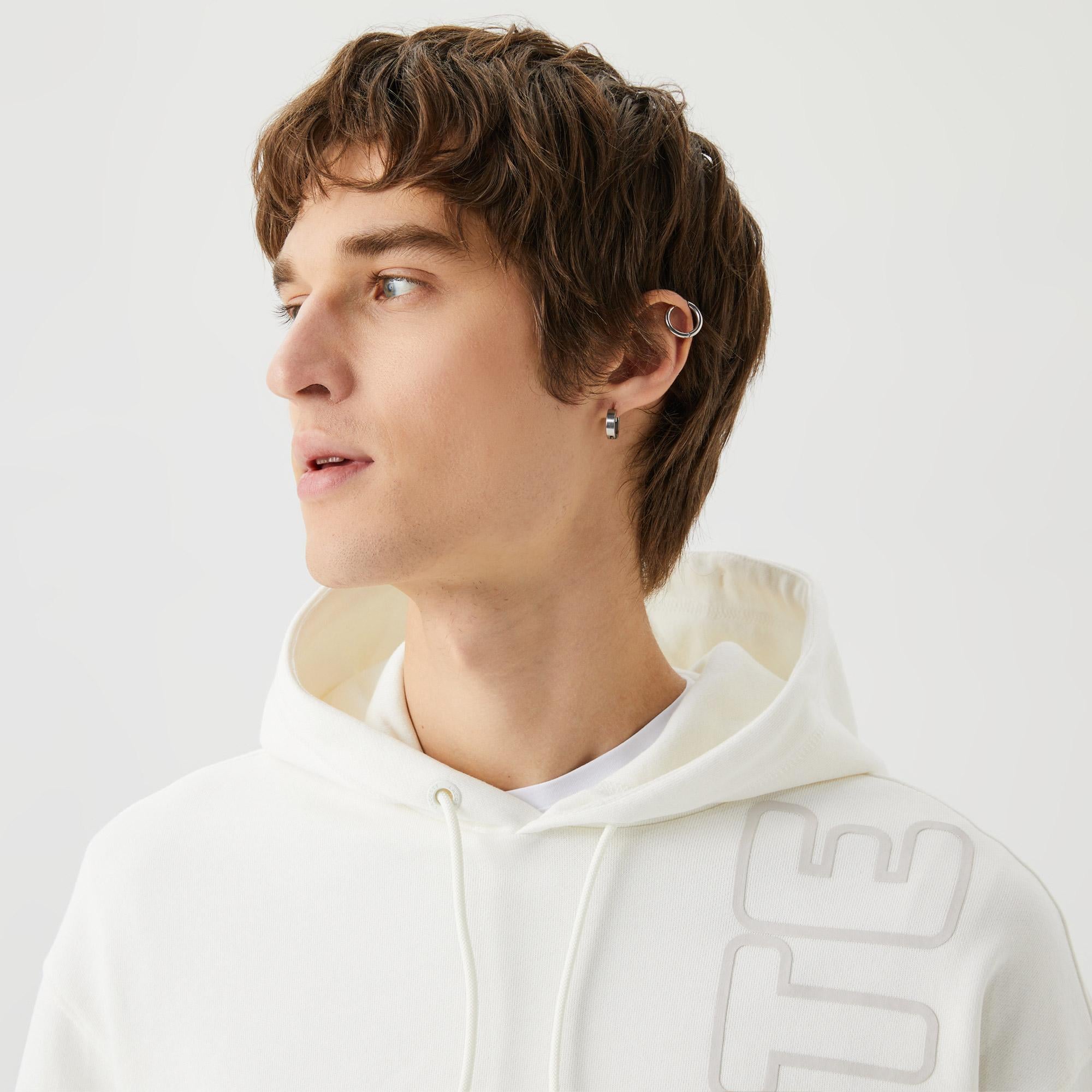 Unisex Relaxed Fit Kapüşonlu Baskılı Beyaz Sweatshirt