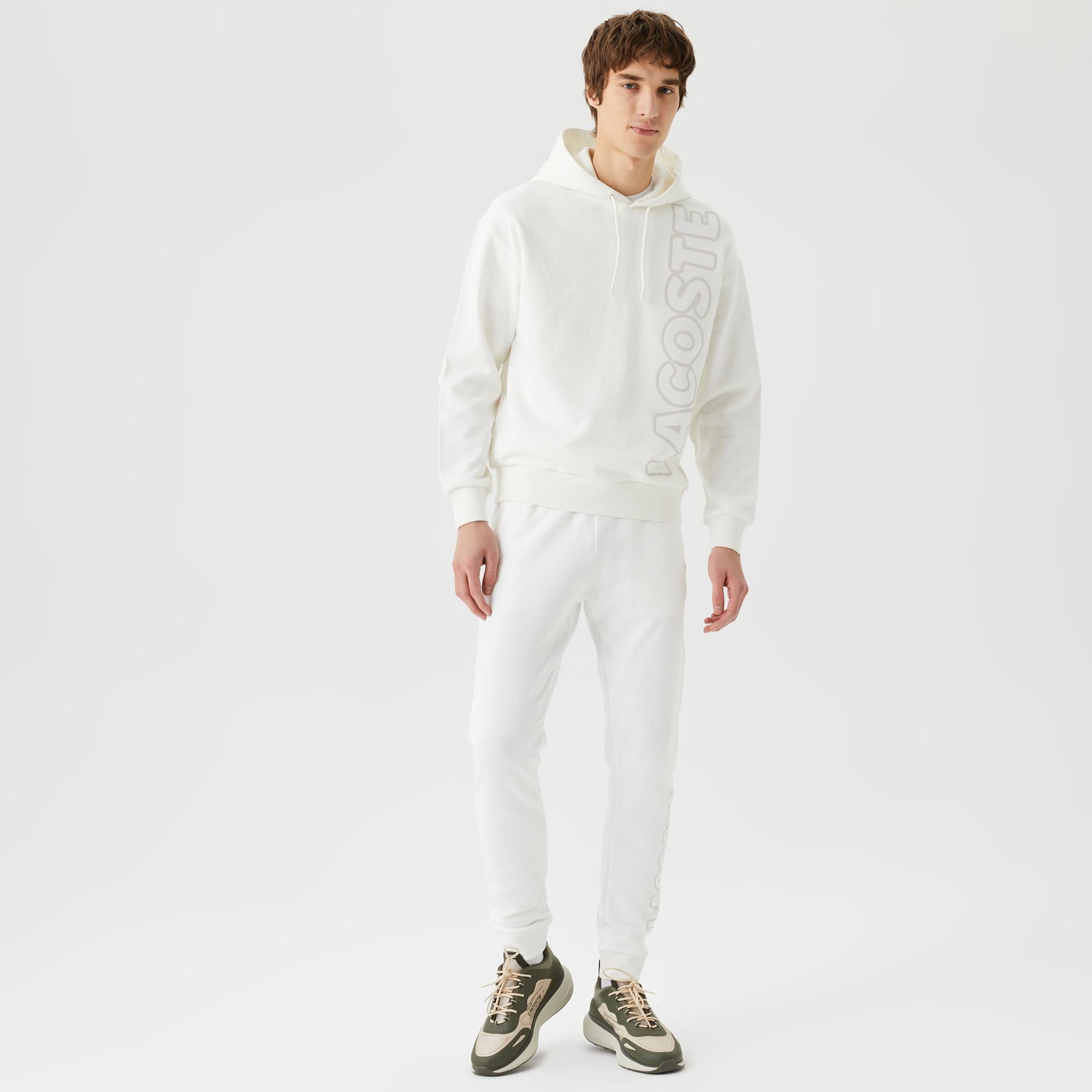 Unisex Relaxed Fit Kapüşonlu Baskılı Beyaz Sweatshirt