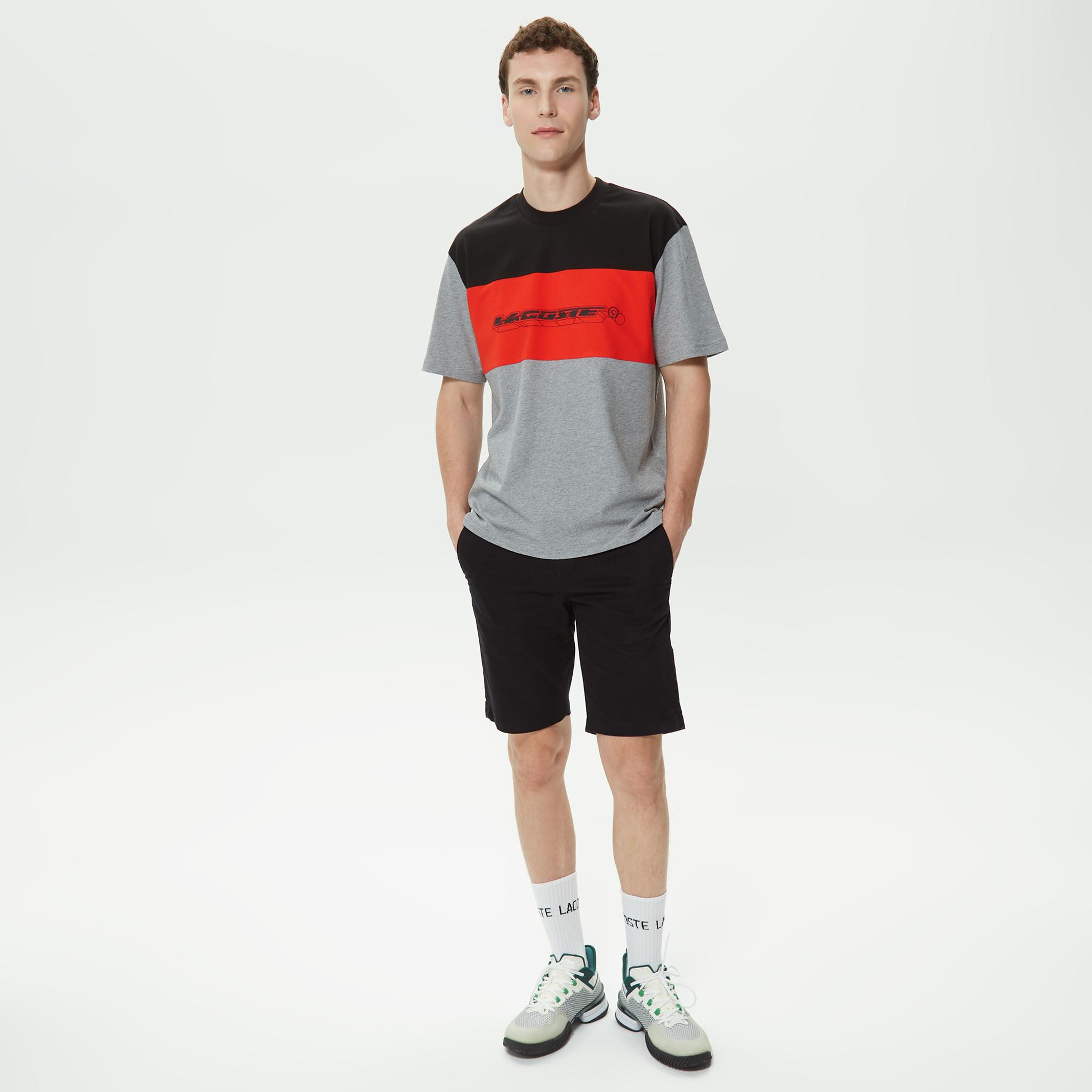 Erkek Relaxed Fit Bisiklet Yaka Renk Bloklu Gri T-Shirt
