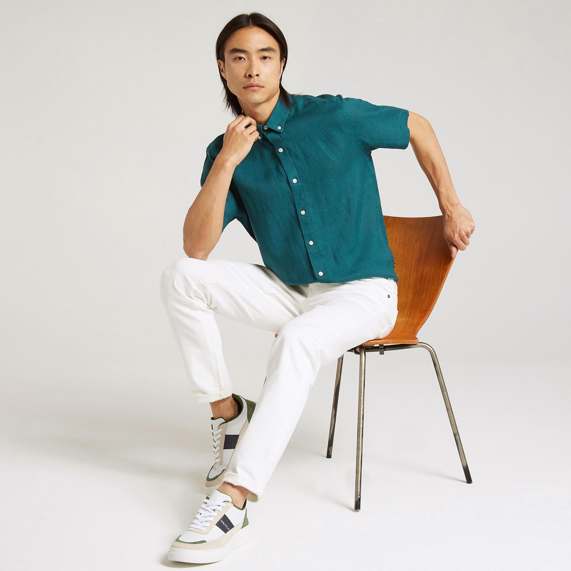 Nautica Erkek Yeşil Classic Fit Kısa Kollu Keten Gömlek