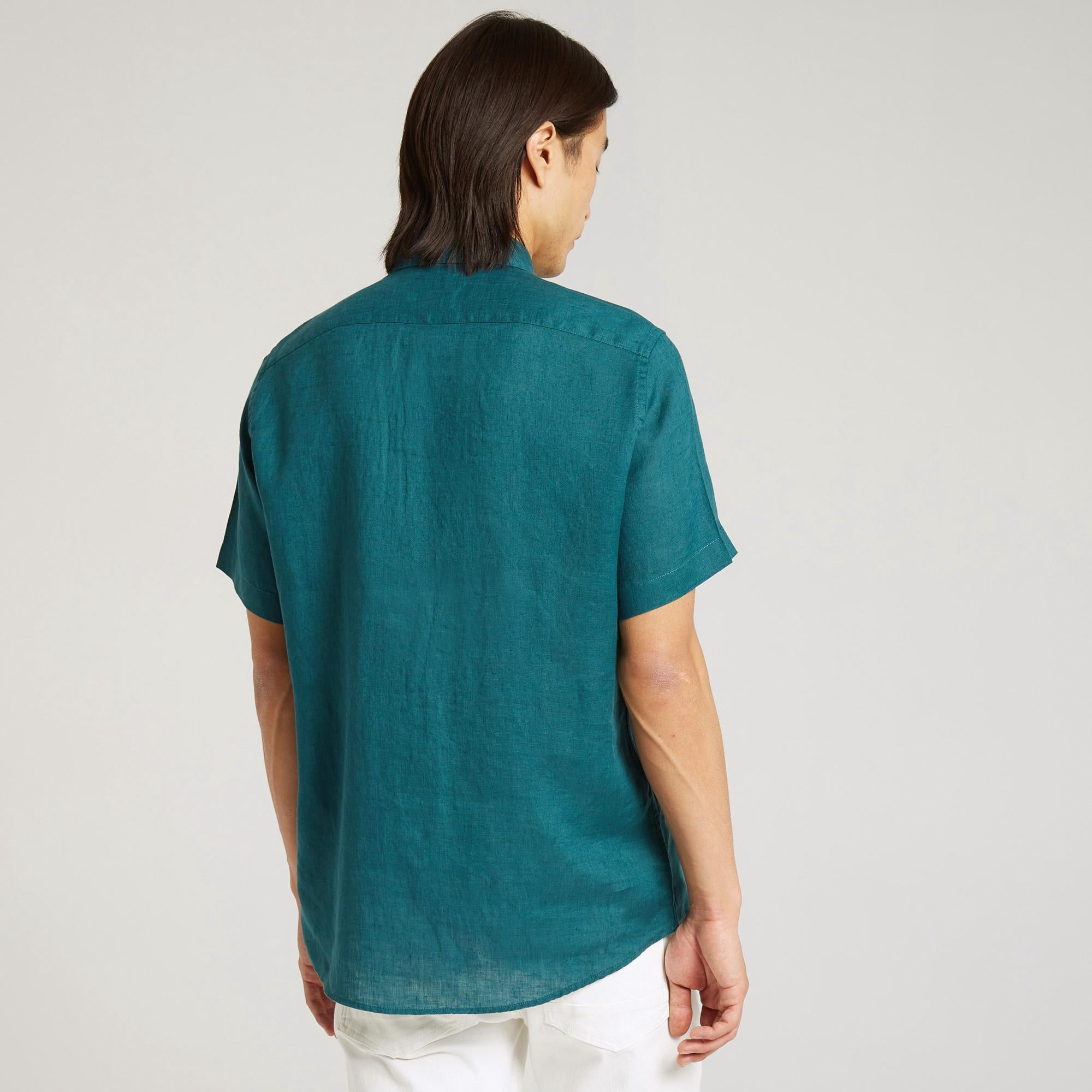 Nautica Erkek Yeşil Classic Fit Kısa Kollu Keten Gömlek