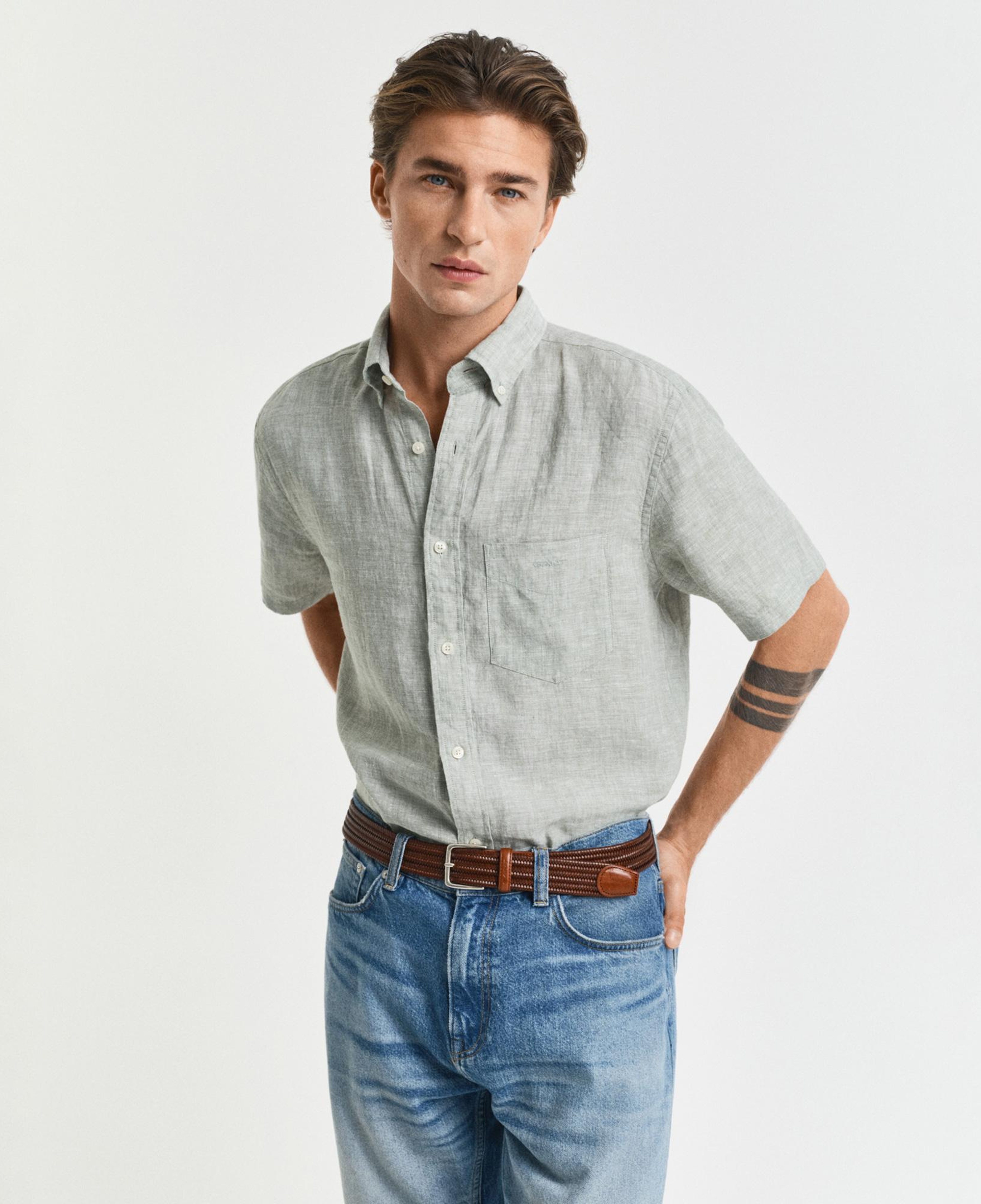 GANT Erkek Yeşil Regular Fit Düğmeli Yaka Keten Gömlek