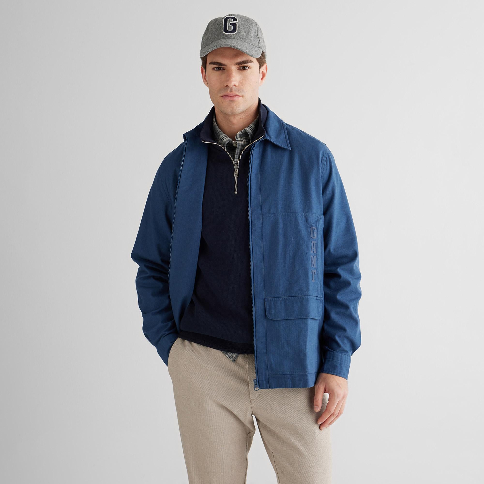 GANT Erkek Mavi Oversize Fit Fermuarlı Logolu Gömlek