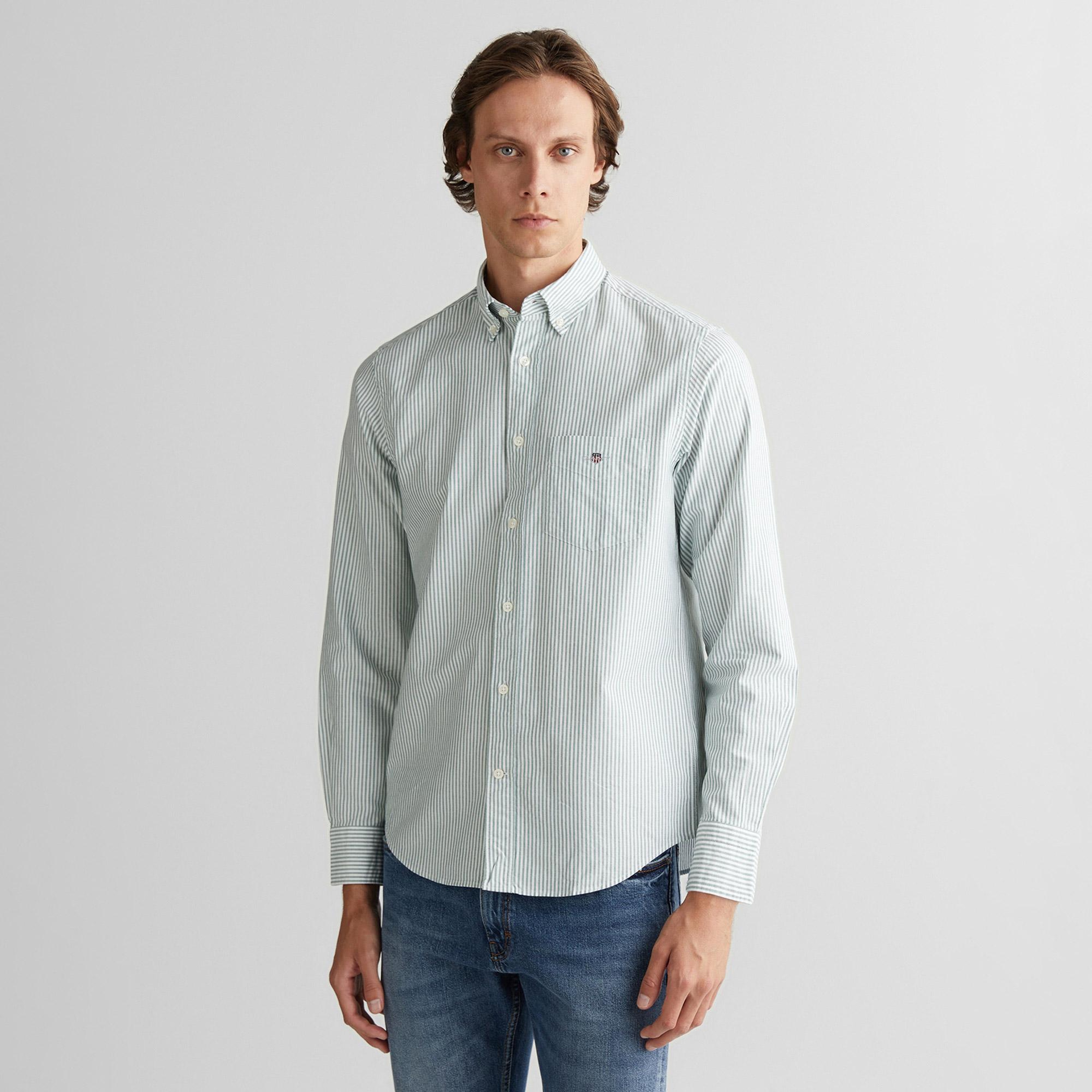 GANT Erkek Yeşil Regular Fit Düğmeli Yaka Çizgili Oxford Gömlek