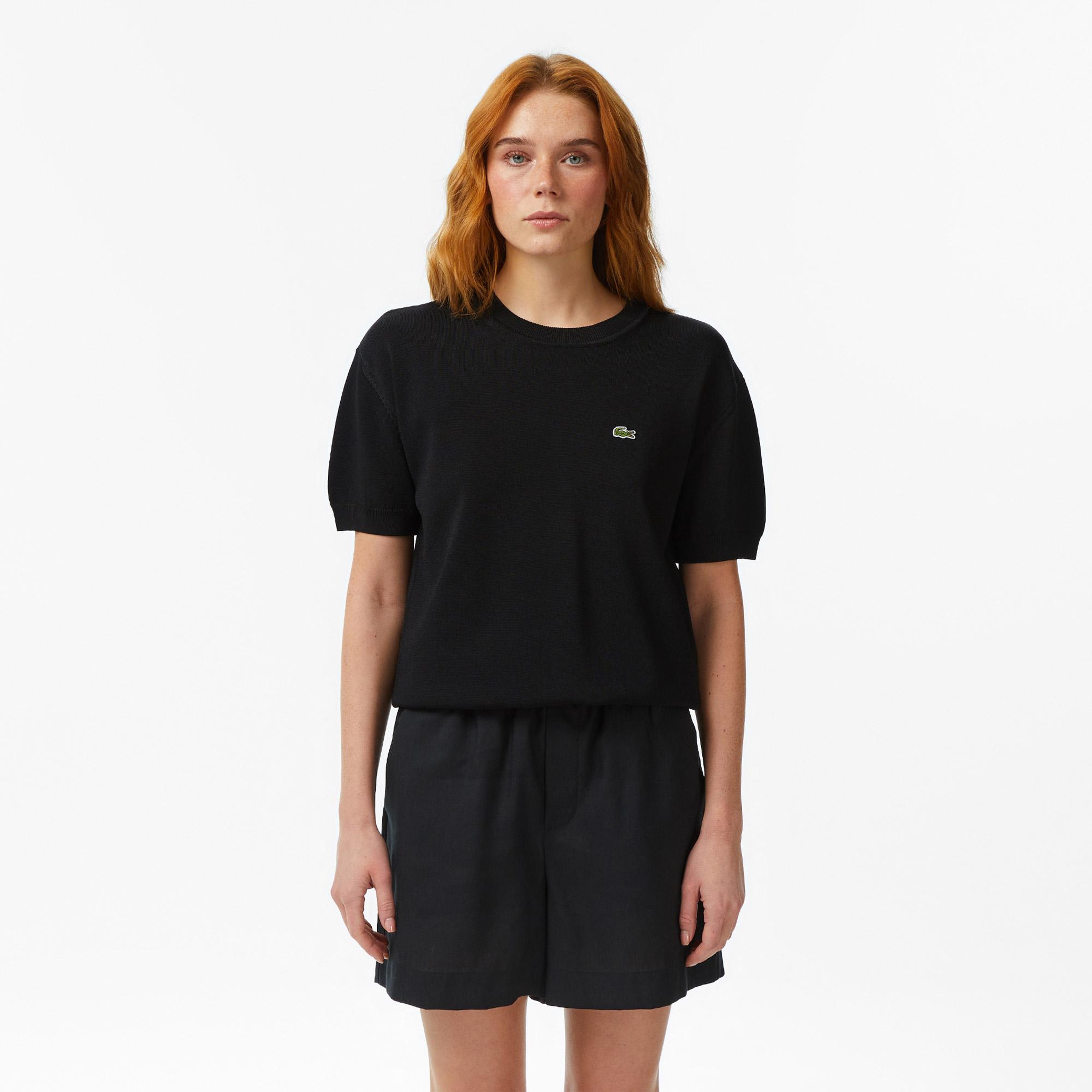 Kadın Relaxed Fit Kısa Kollu Bisiklet Yaka Siyah Bluz