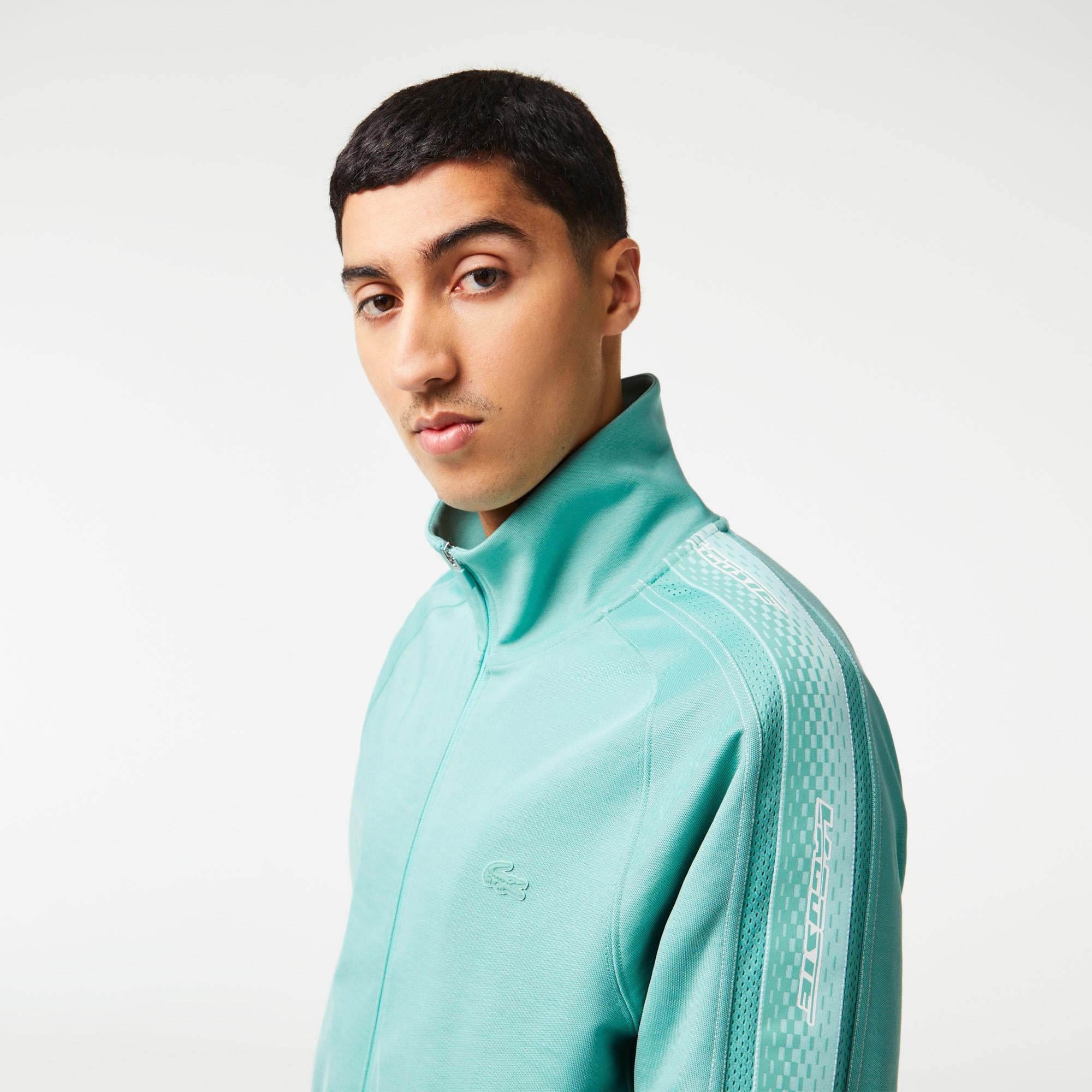 Erkek Regular Fit Fermuarlı Baskılı Yeşil Sweatshirt