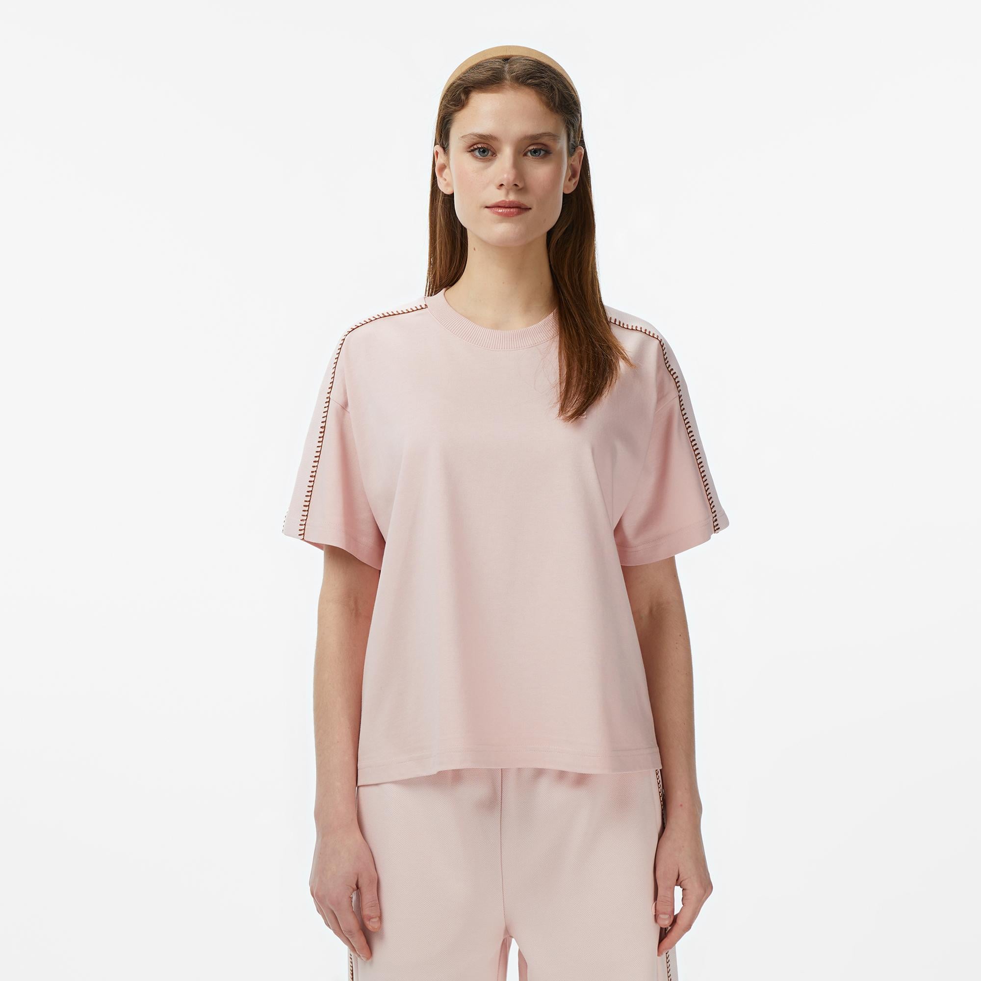 Kadın Loose Fit Bisiklet Yaka Açık Pembe T-Shirt