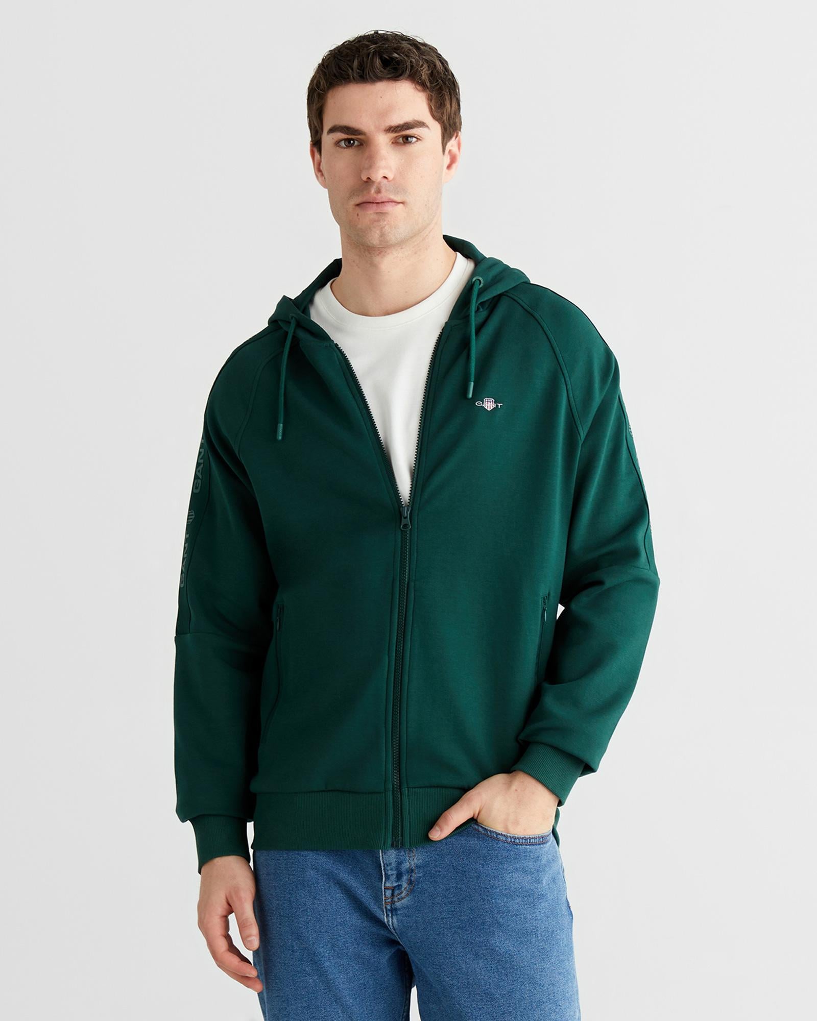 GANT Erkek Yeşil Fermuarlı Kapüşonlu Sweatshirt