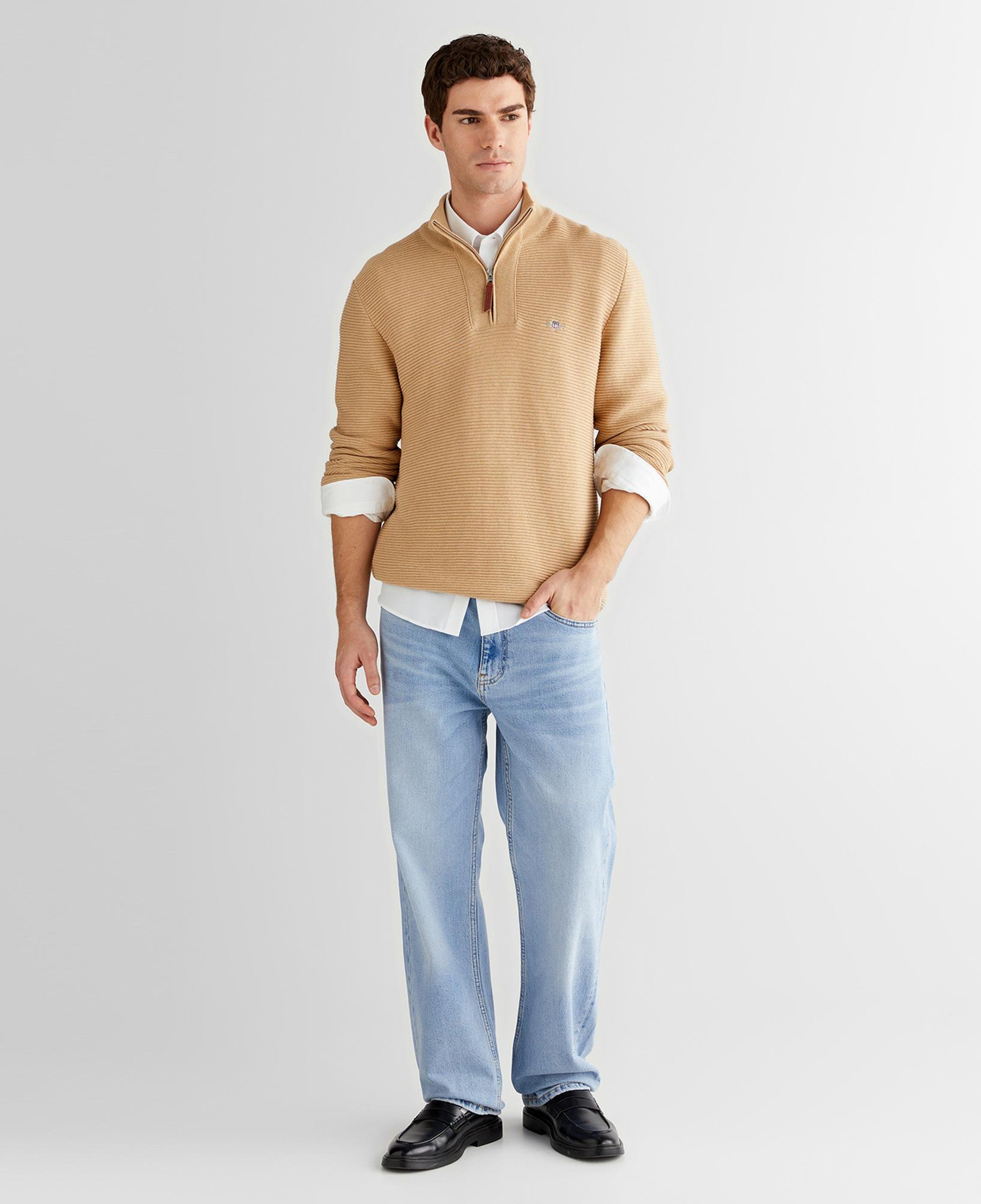 GANT Erkek Bej Regular Fit Yarım Fermuarlı Triko