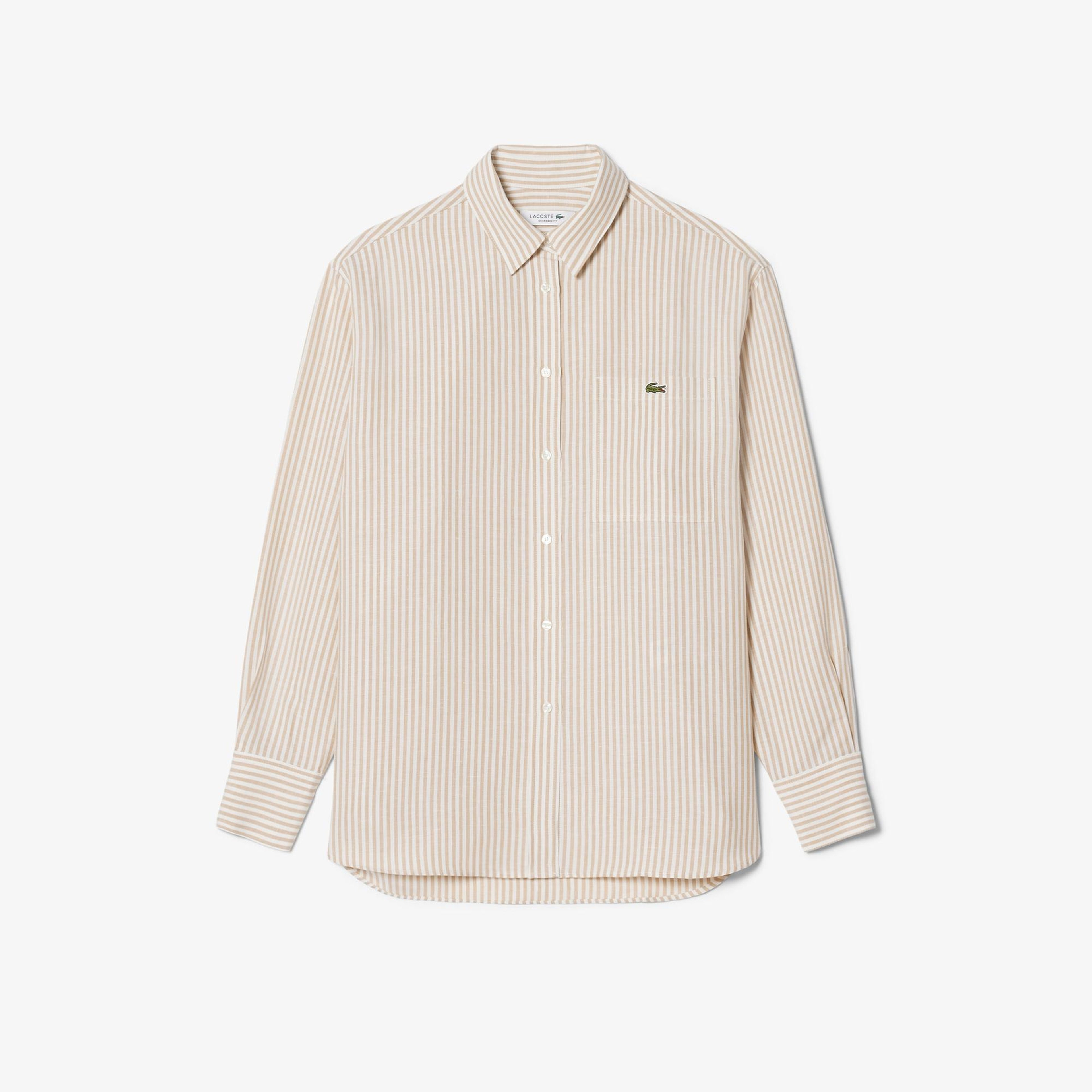 Kadın Oversize Fit Çizgili Keten Krem Gömlek