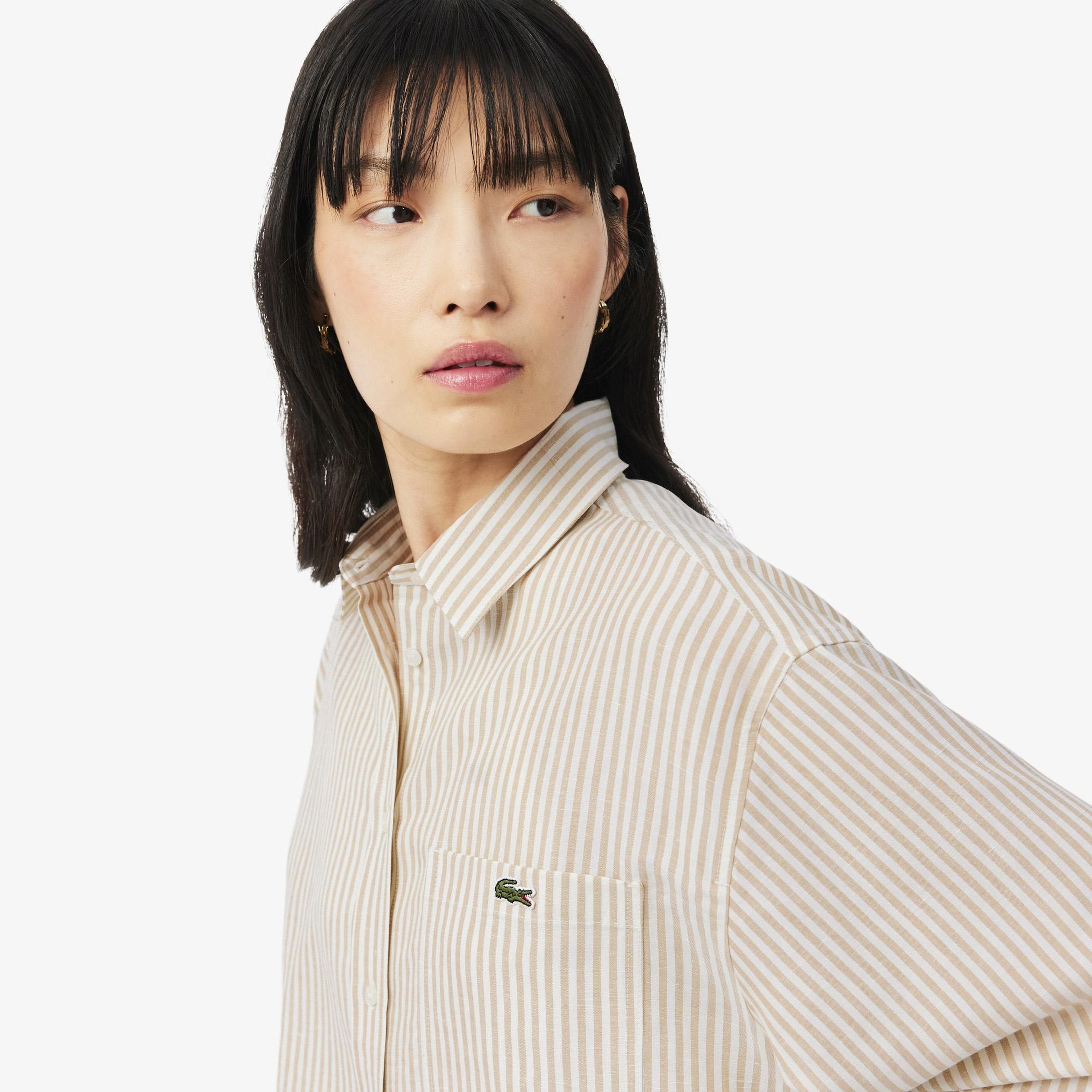 Kadın Oversize Fit Çizgili Keten Krem Gömlek