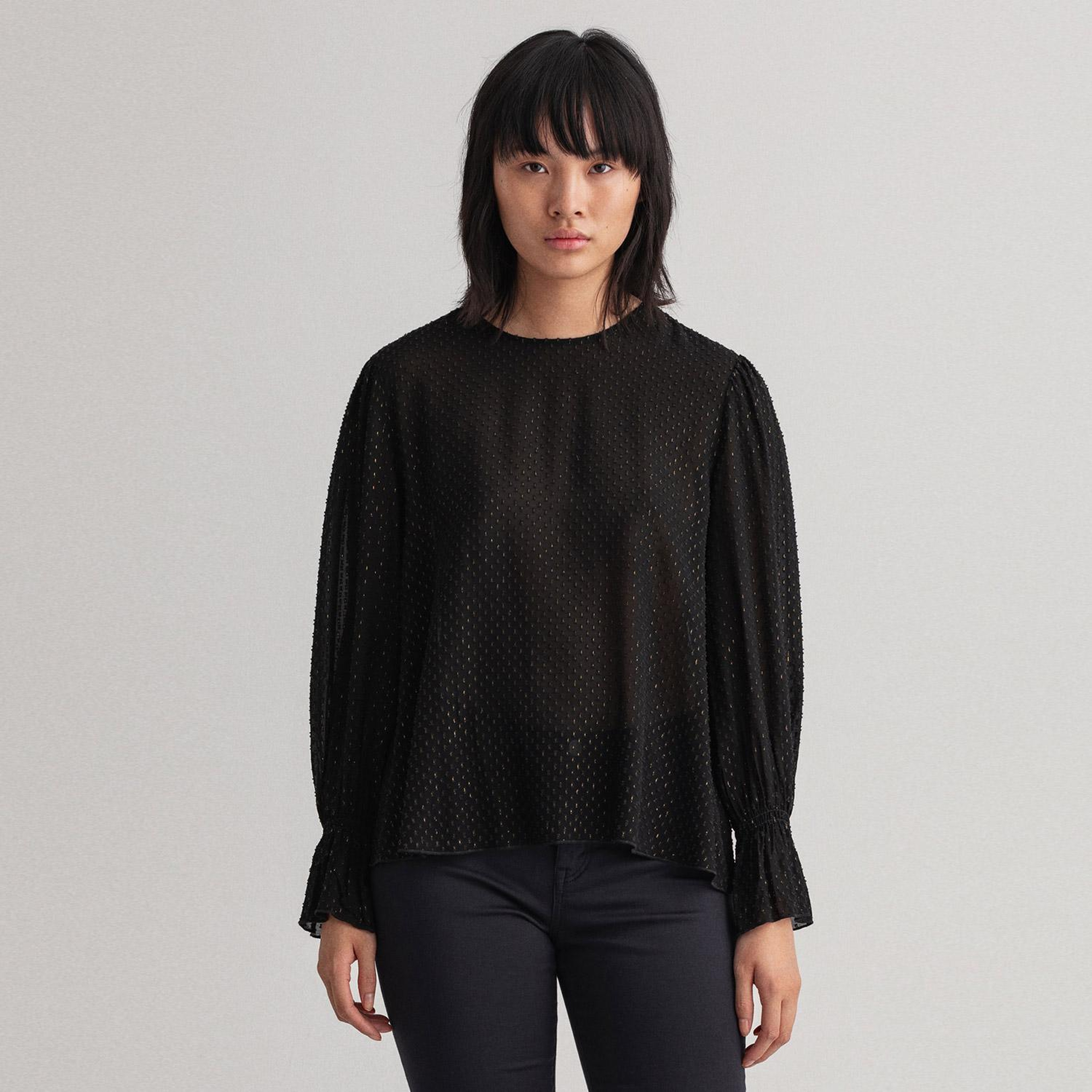 GANT Kadın Siyah Regular Fit Bisiklet Yaka Bluz