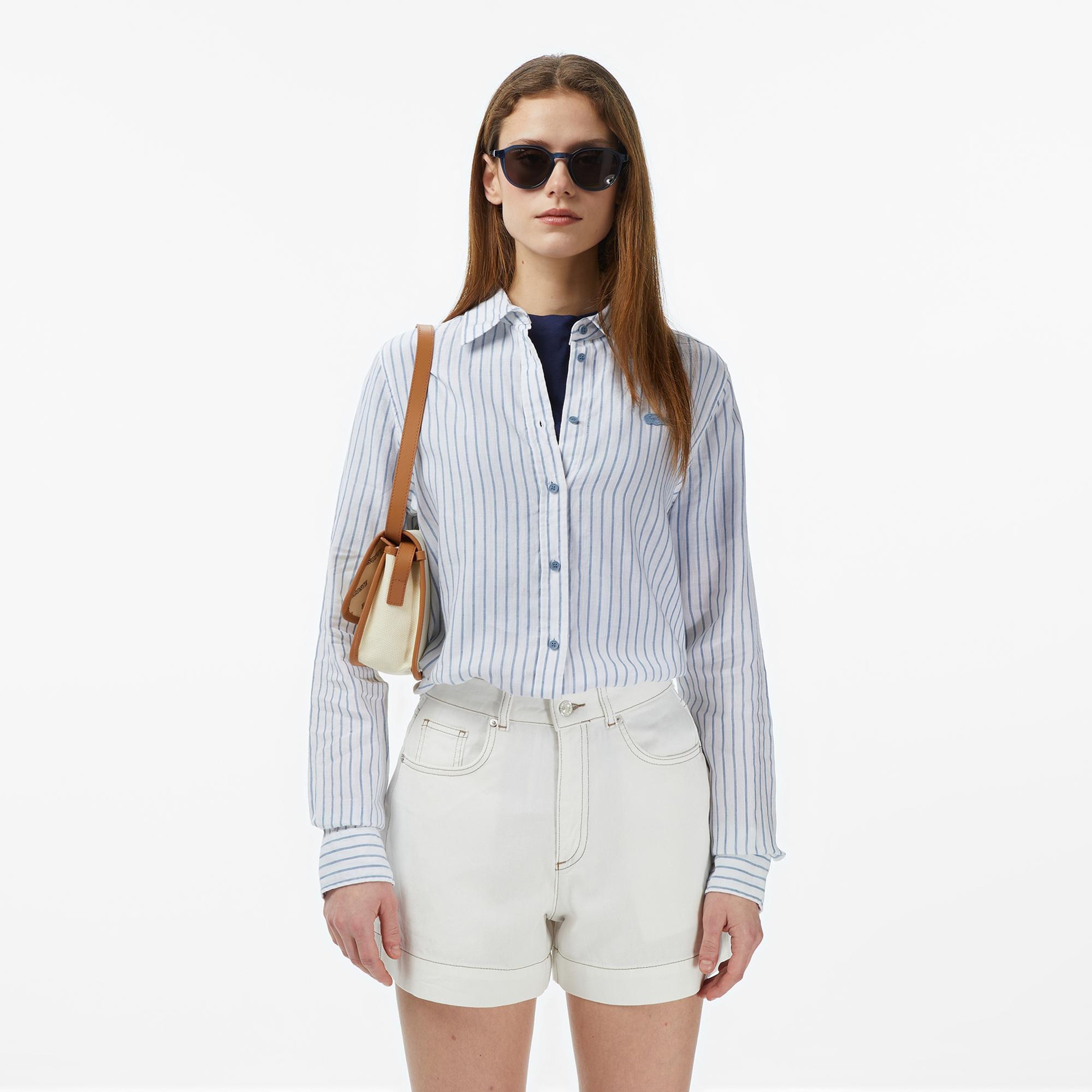 Kadın Relaxed Fit Keten Çizgili Mavi Gömlek