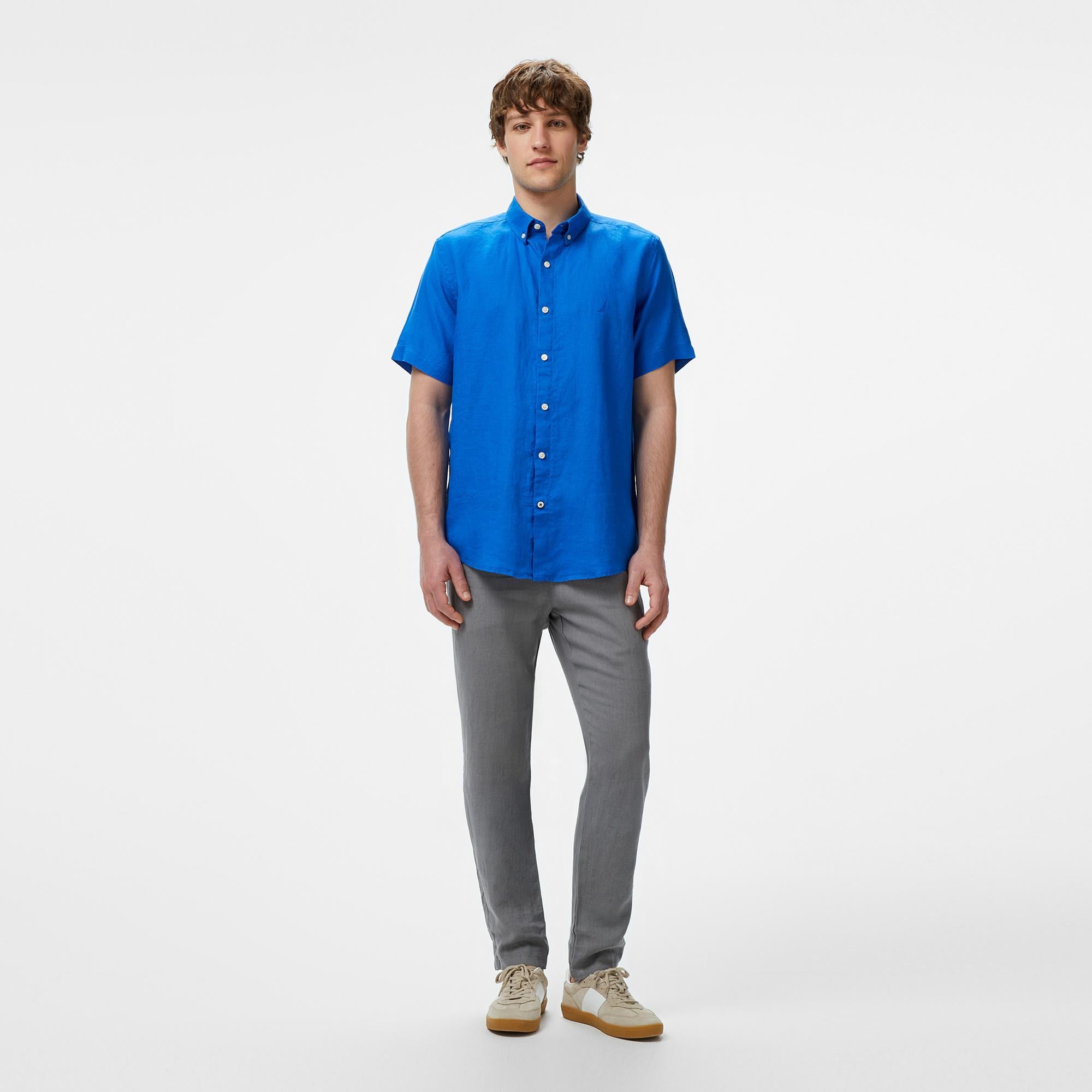 Nautica Erkek Mavi Classic Fit Keten Gömlek