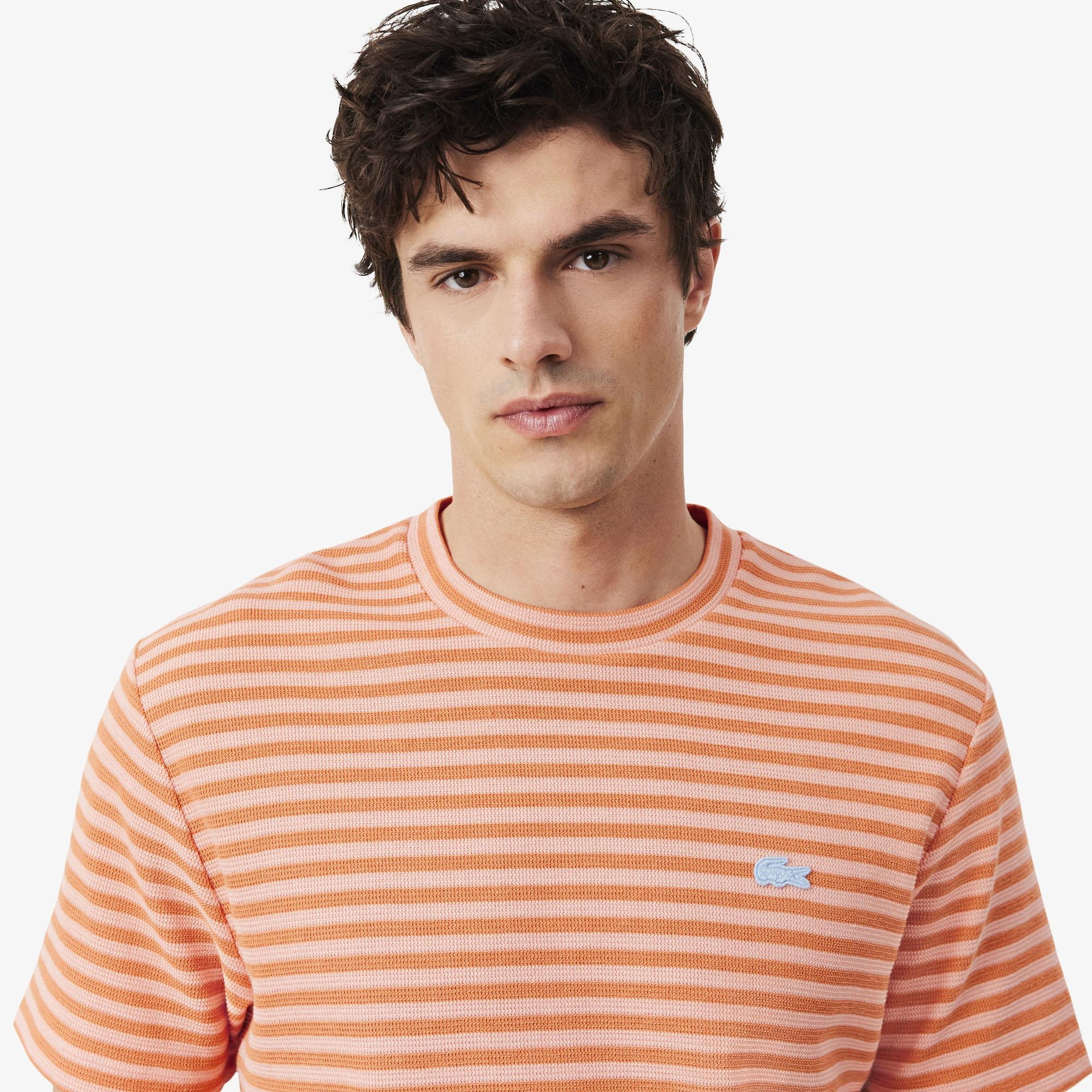 Lacoste Erkek Classic Fit Bisiklet Yaka Çizgili Turuncu T-Shirt