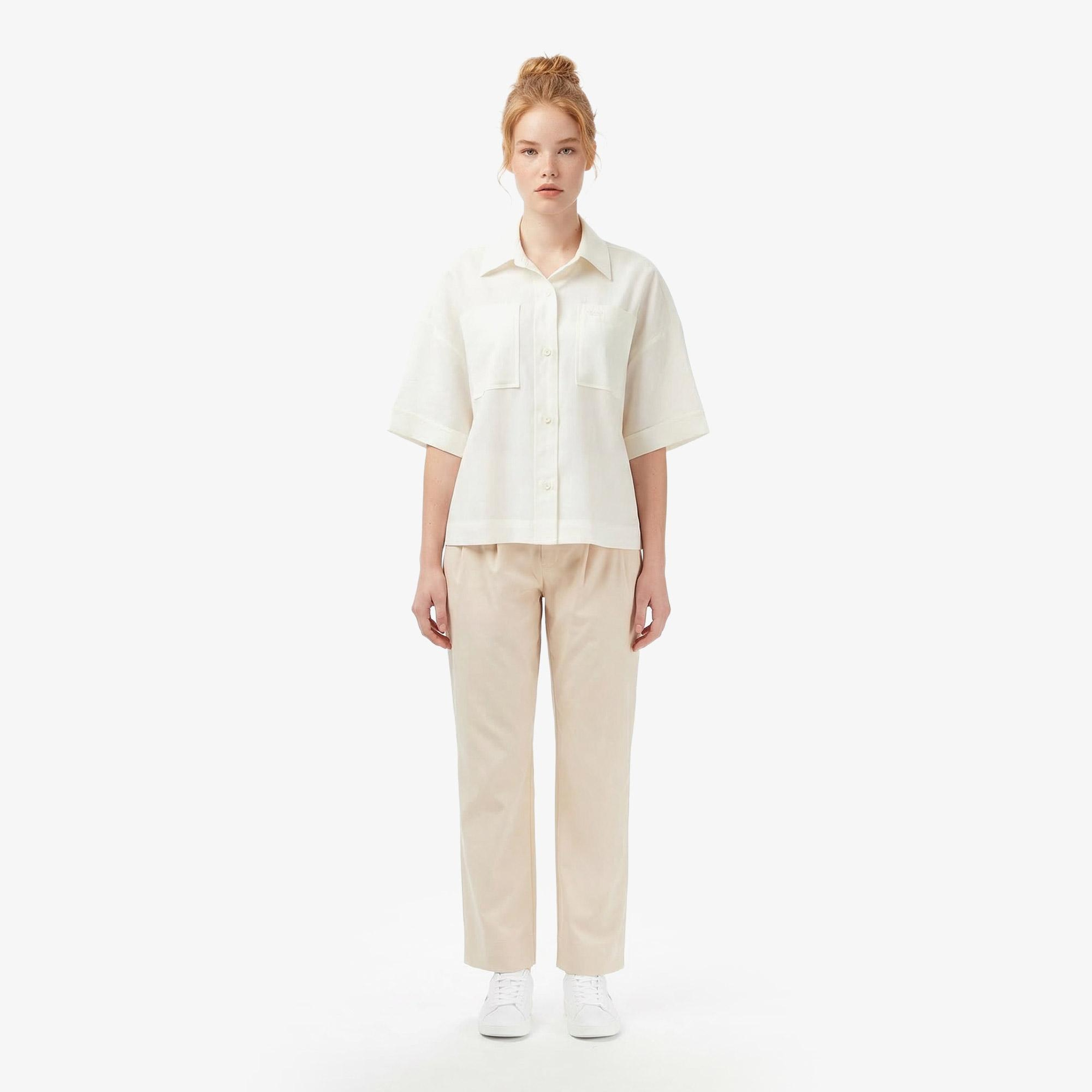 Kadın Relaxed Fit Truvakar Kollu Keten Krem Gömlek