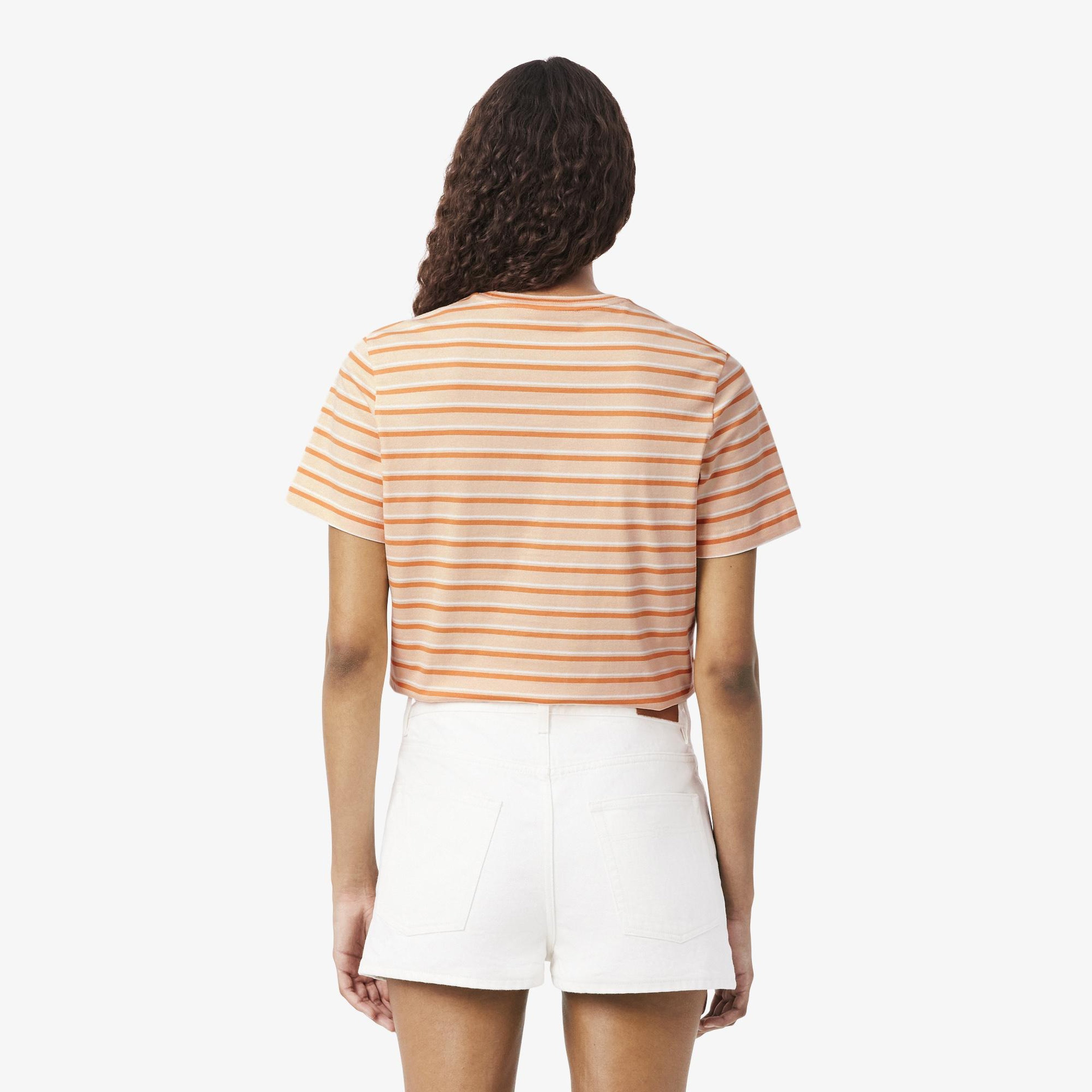 Kadın Regular Fit Bisiklet Yaka Çizgili Turuncu T-Shirt