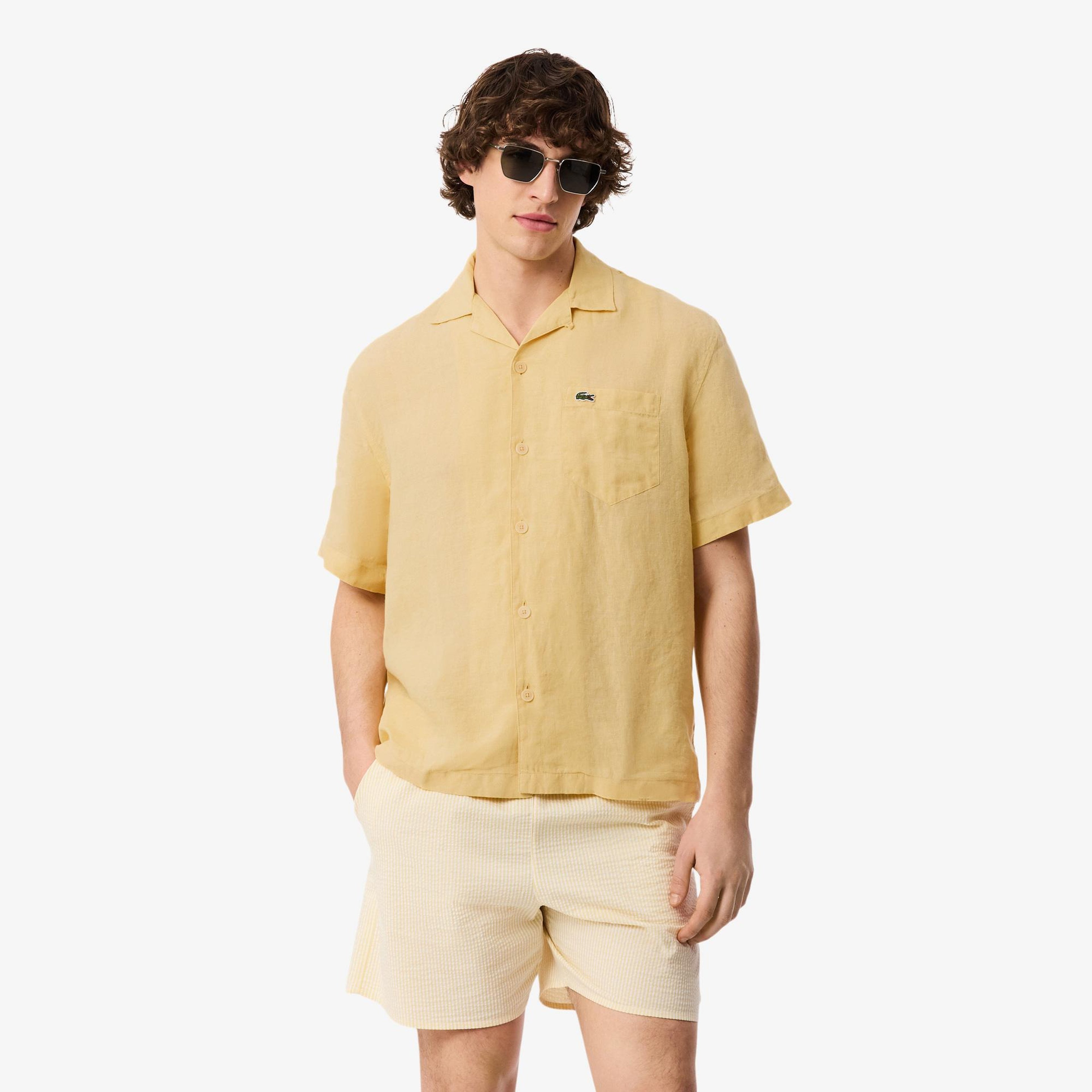 Erkek Relaxed Fit Kısa Kollu Keten Bej Gömlek
