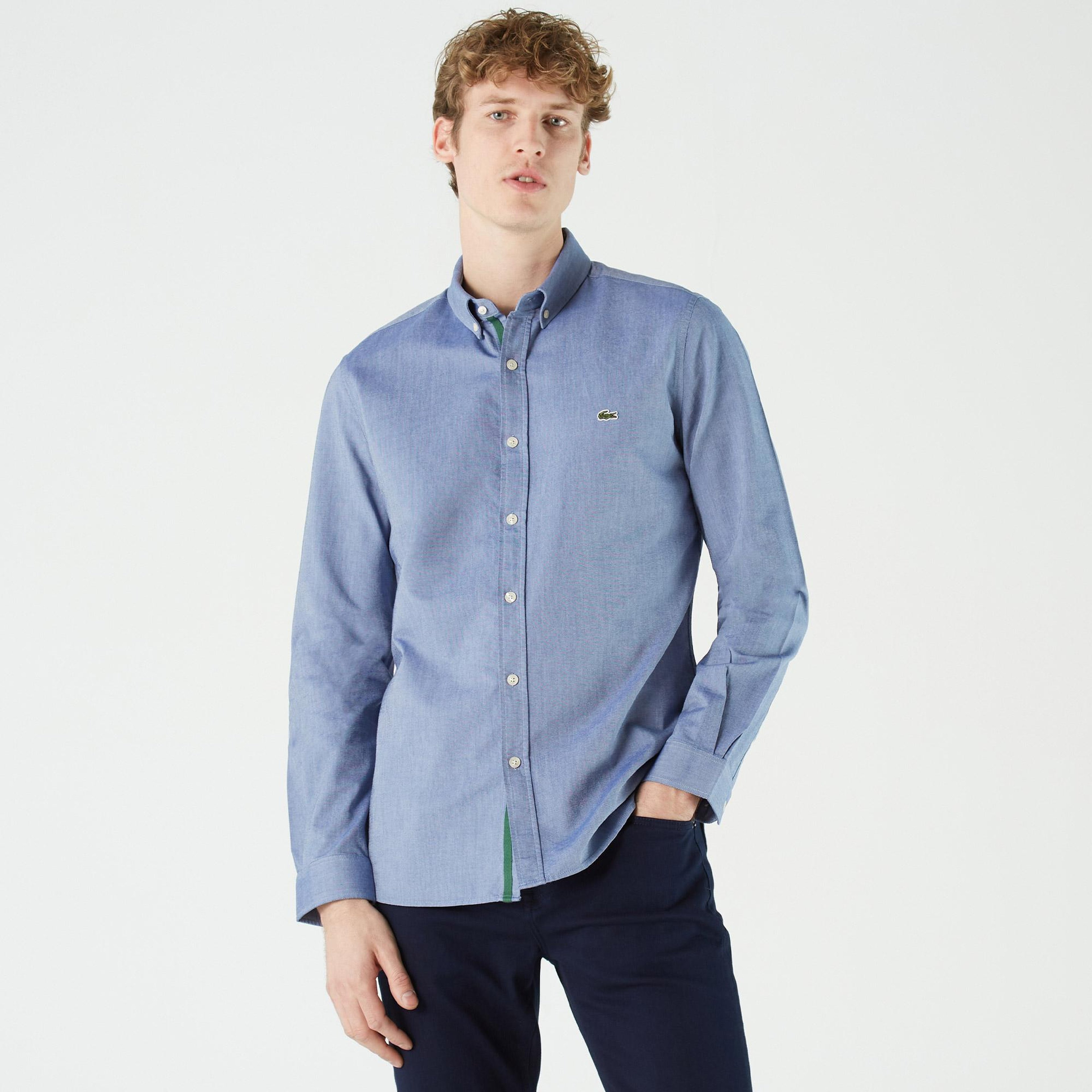 Erkek Slim Fit Düğmeli Yaka Lacivert Gömlek