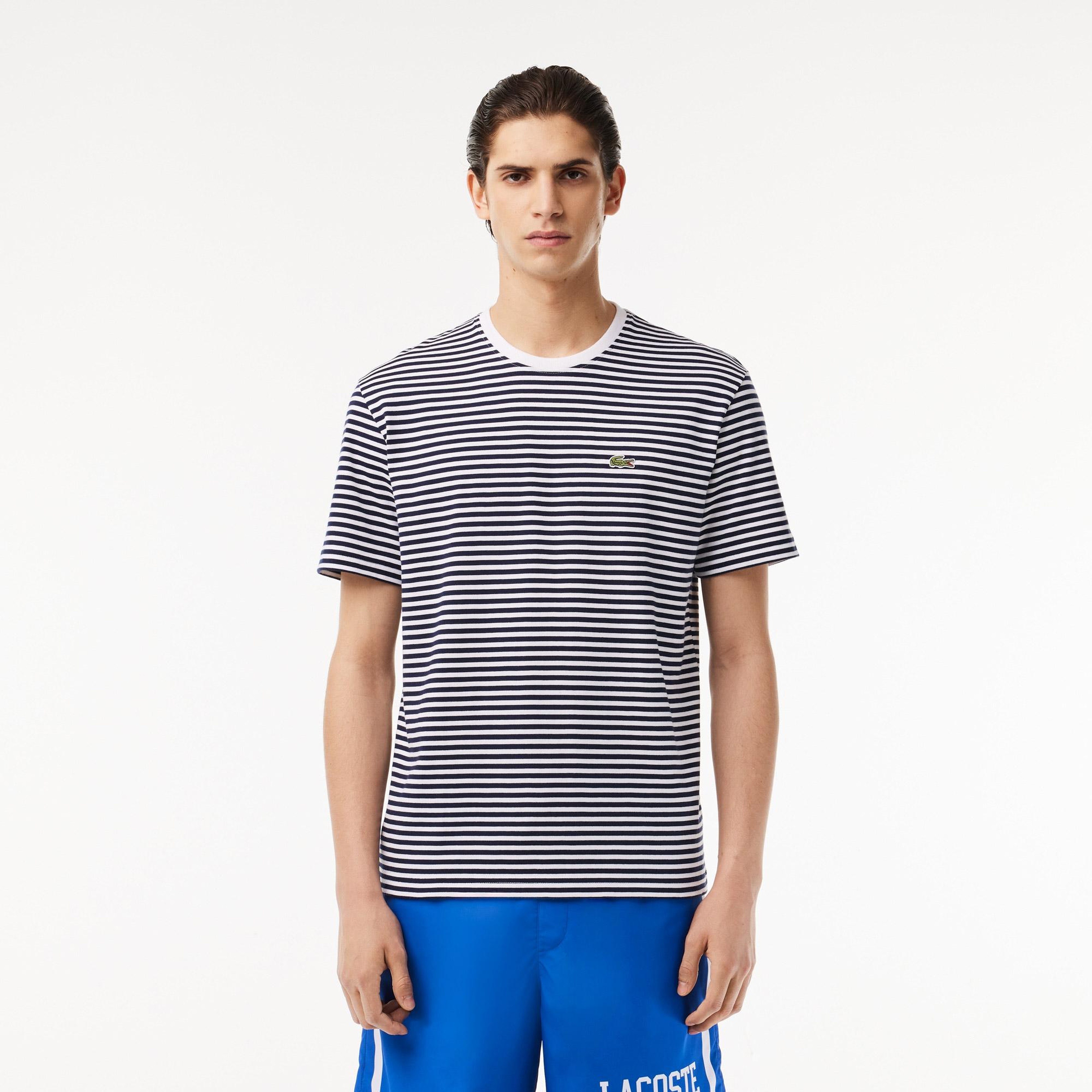 Erkek Classic Fit Bisiklet Yaka Çizgili Beyaz T-Shirt