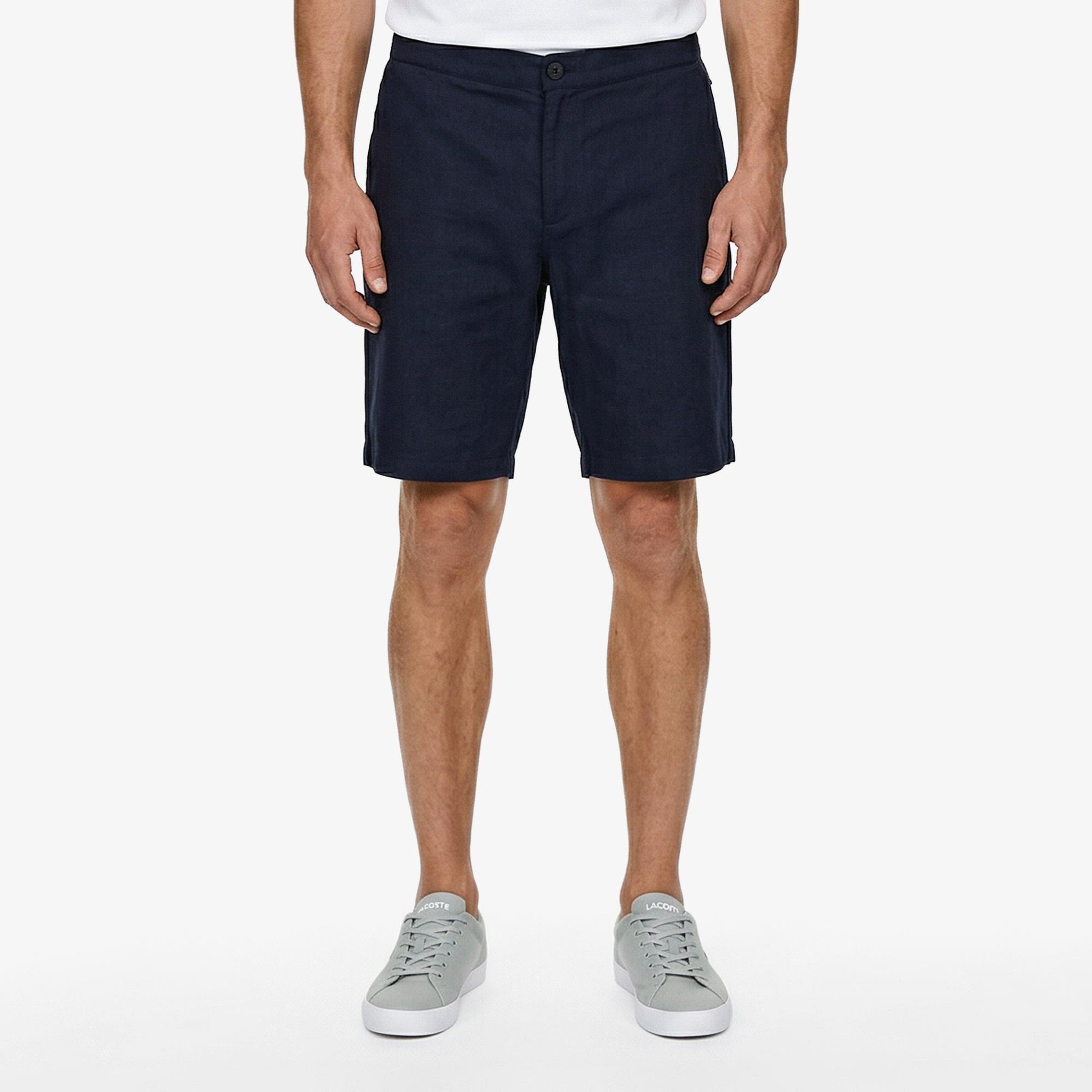 Erkek Tapered Fit Keten Lacivert Bermuda Şort