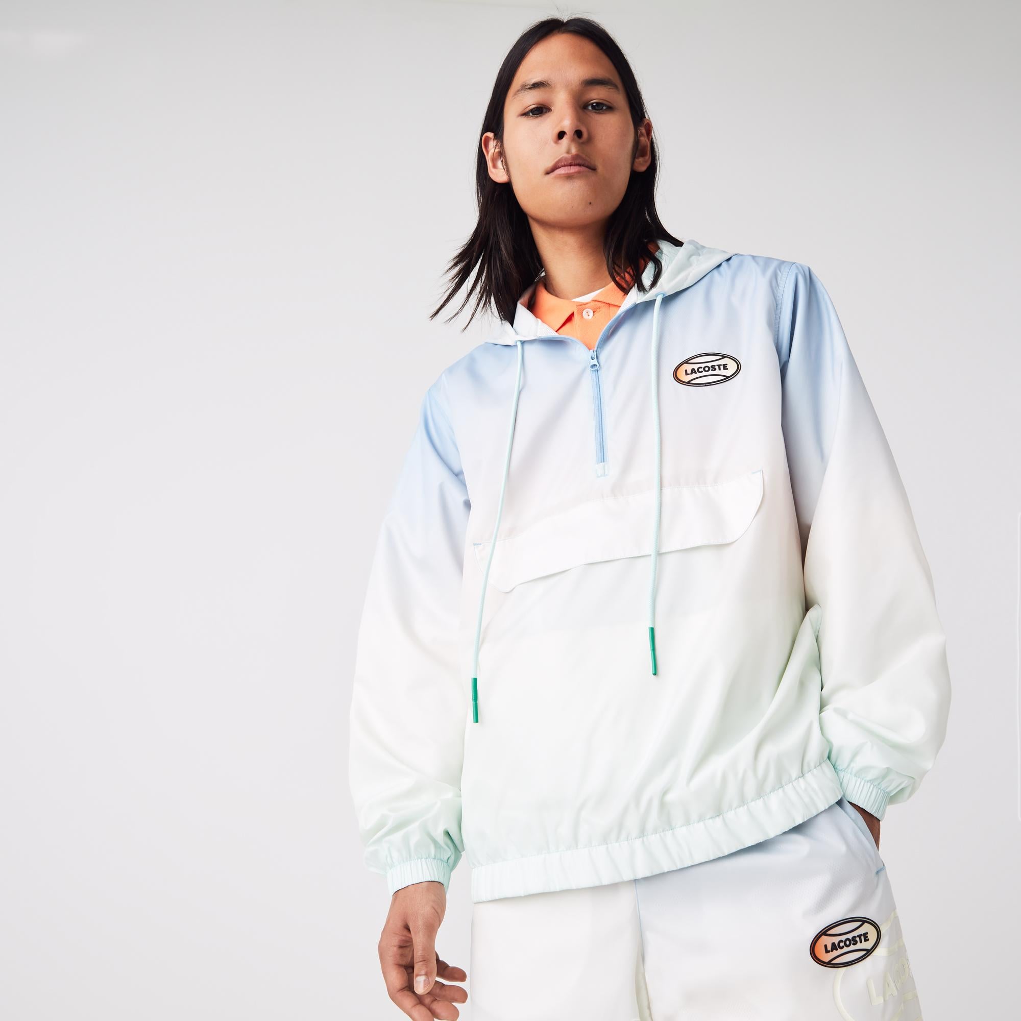 Lacoste L!VE Unisex Kapüşonlu Baskılı Mavi Ceket
