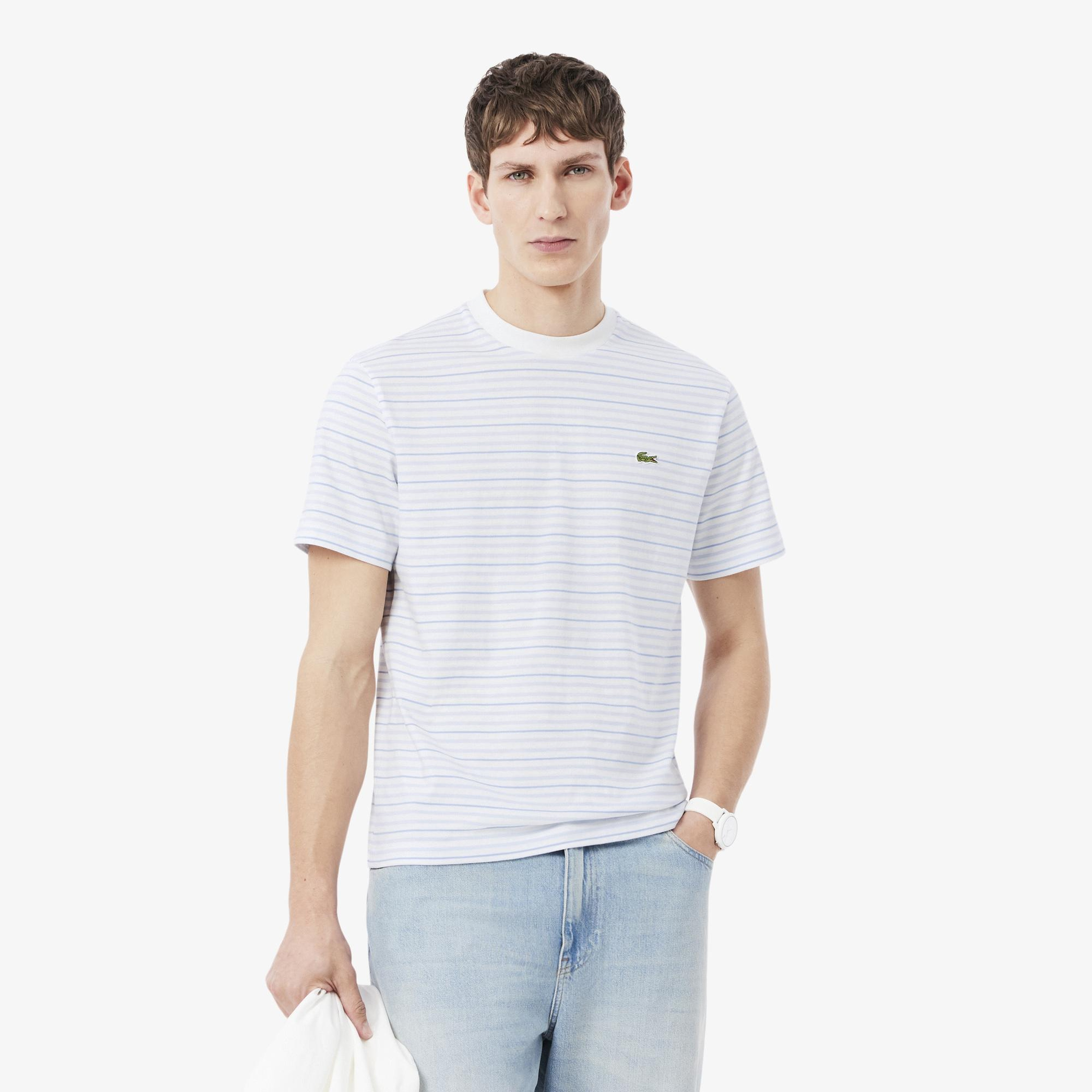 Erkek Classic Fit Bisiklet Yaka Çizgili Beyaz T-Shirt