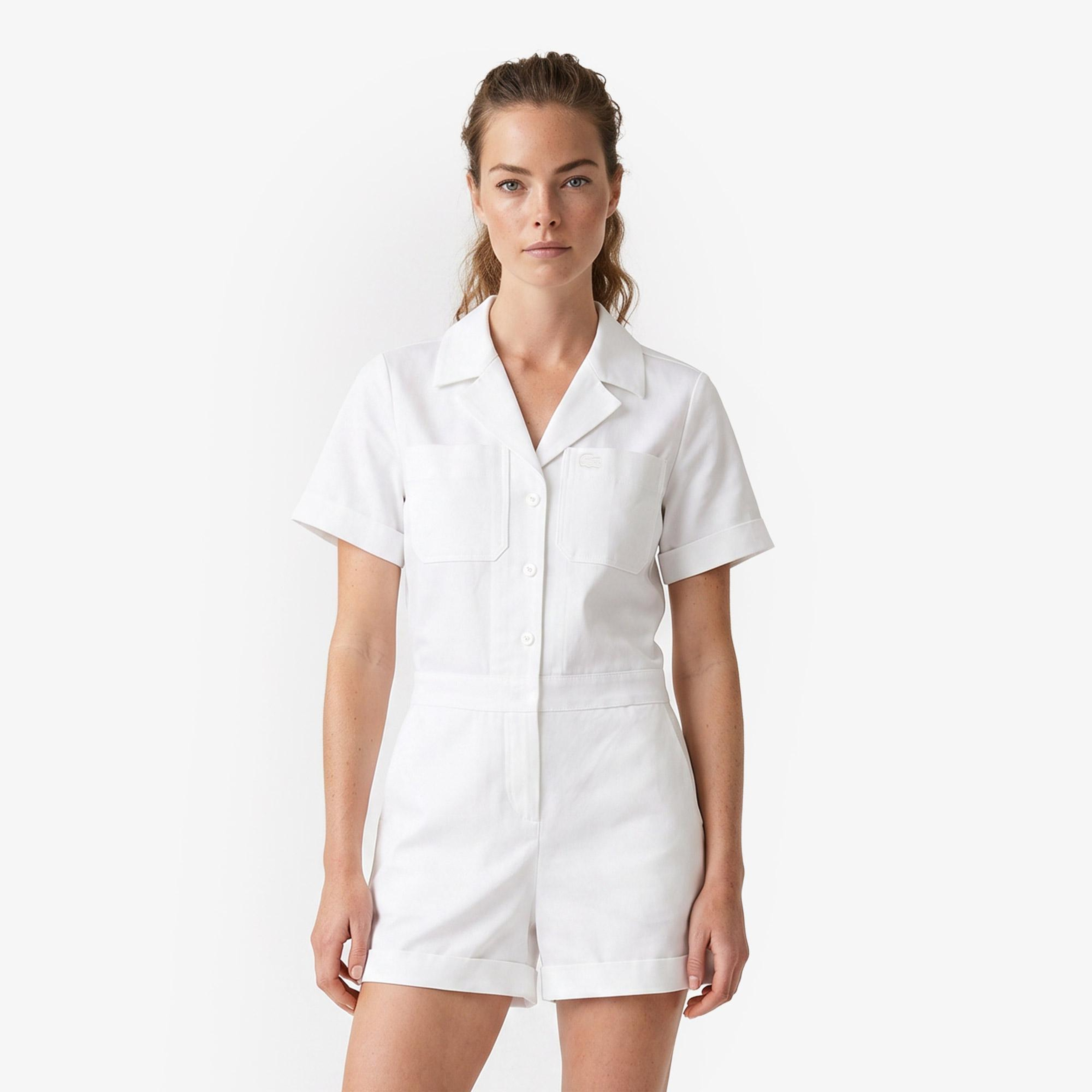 Kadın Classic Fit Kısa Kollu Beyaz Tulum