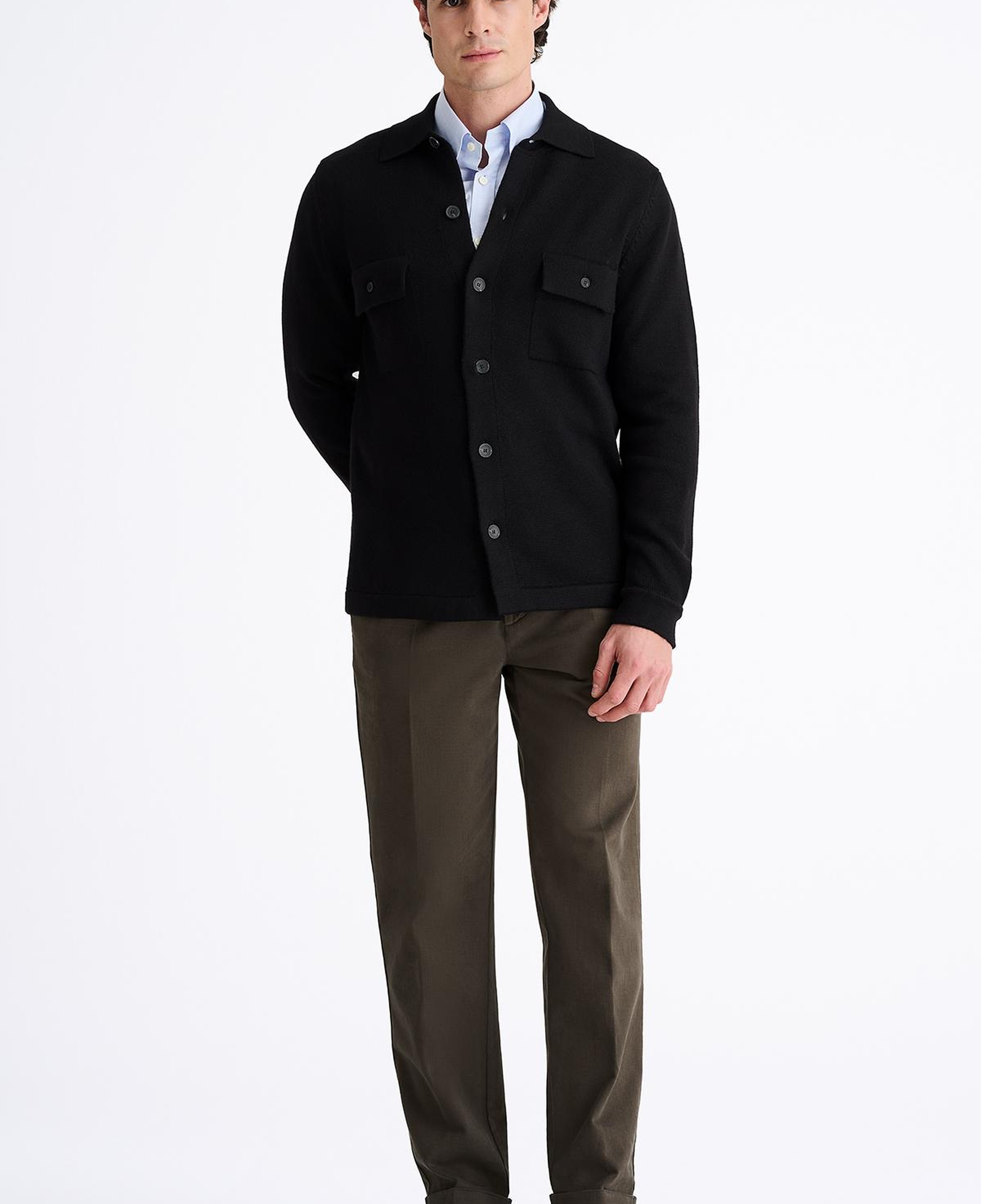 Erkek Siyah Extrafine Yün Overshirt Triko
