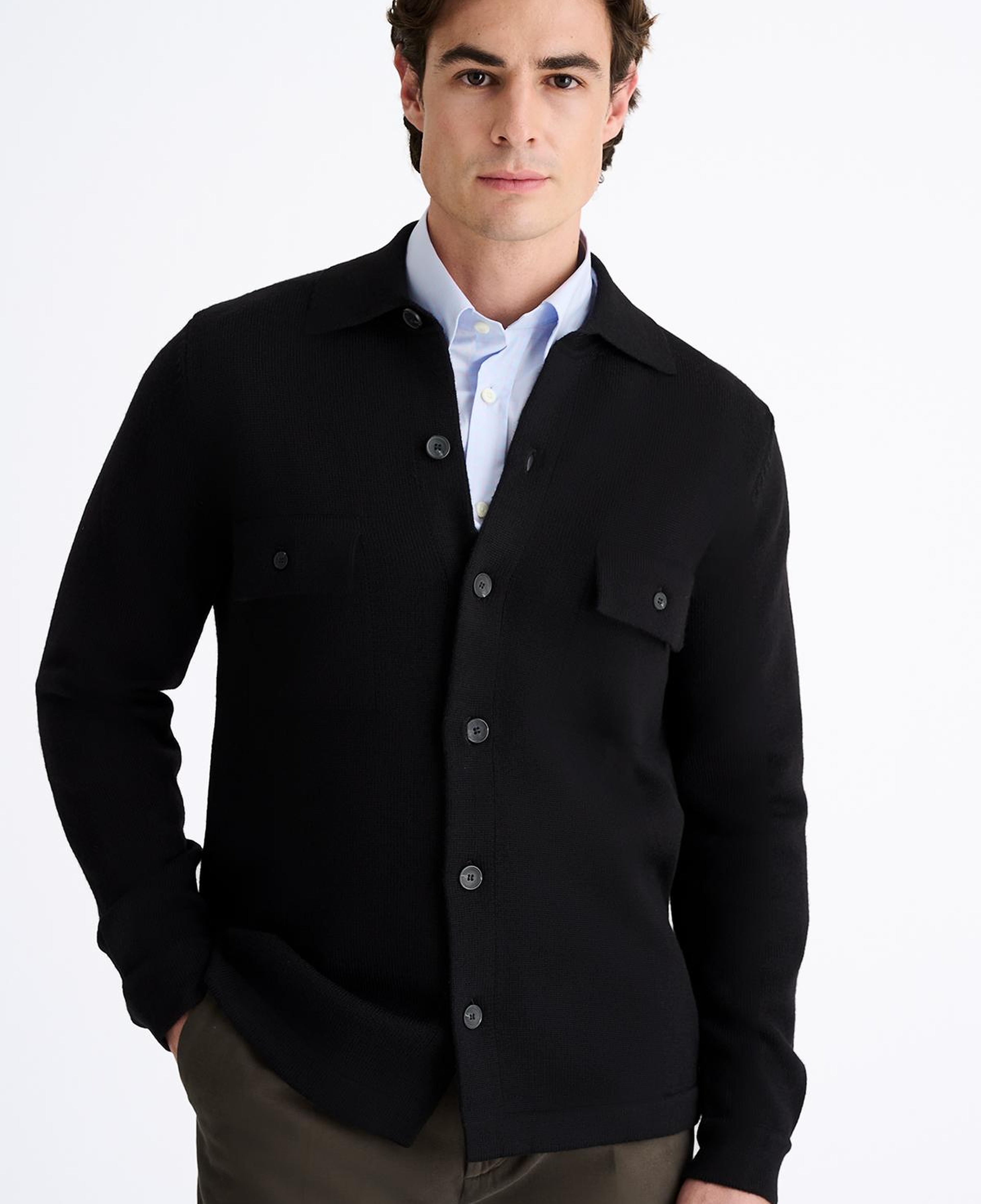 Erkek Siyah Extrafine Yün Overshirt Triko