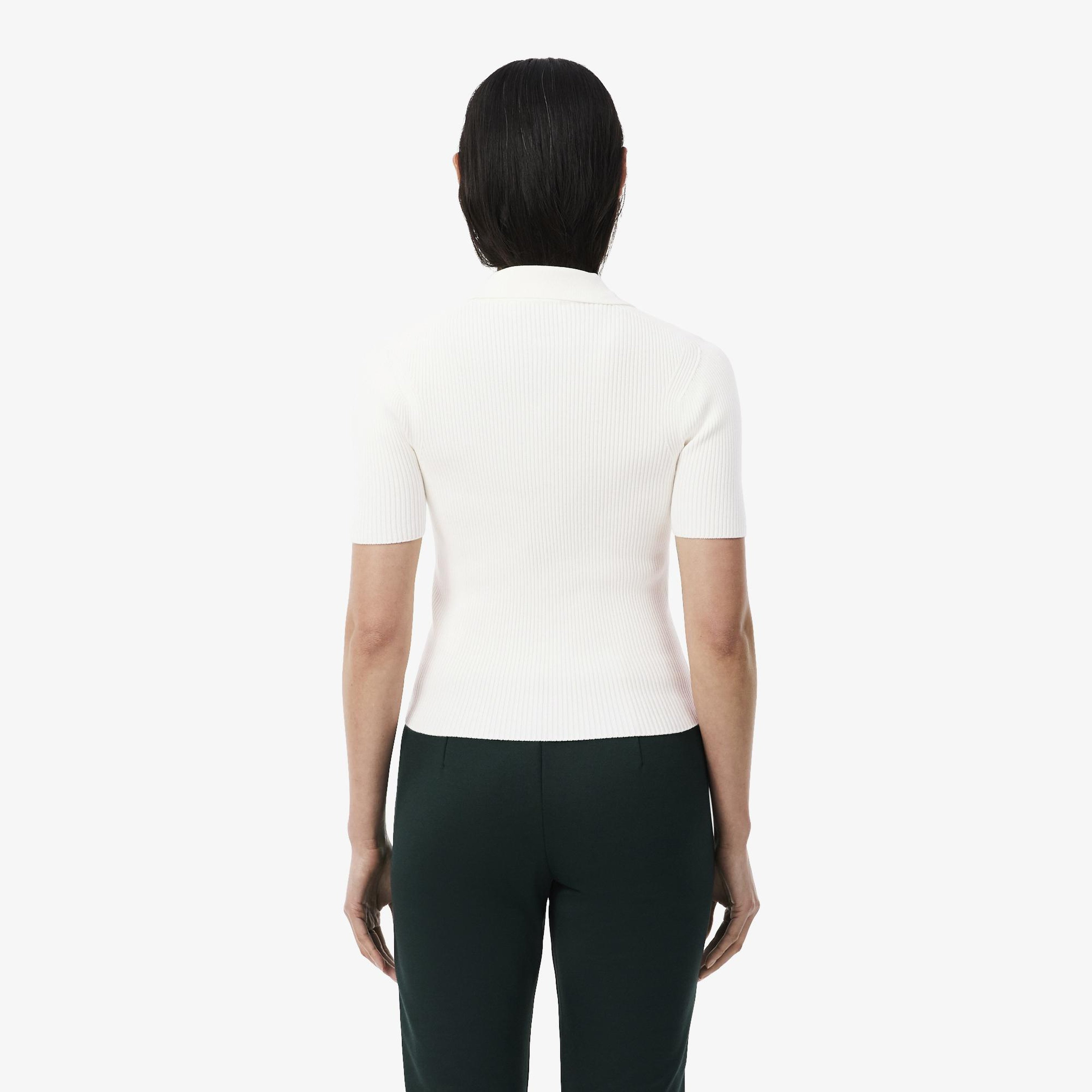 Kadın Slim Fit Kısa Kollu Polo Yaka Beyaz Triko