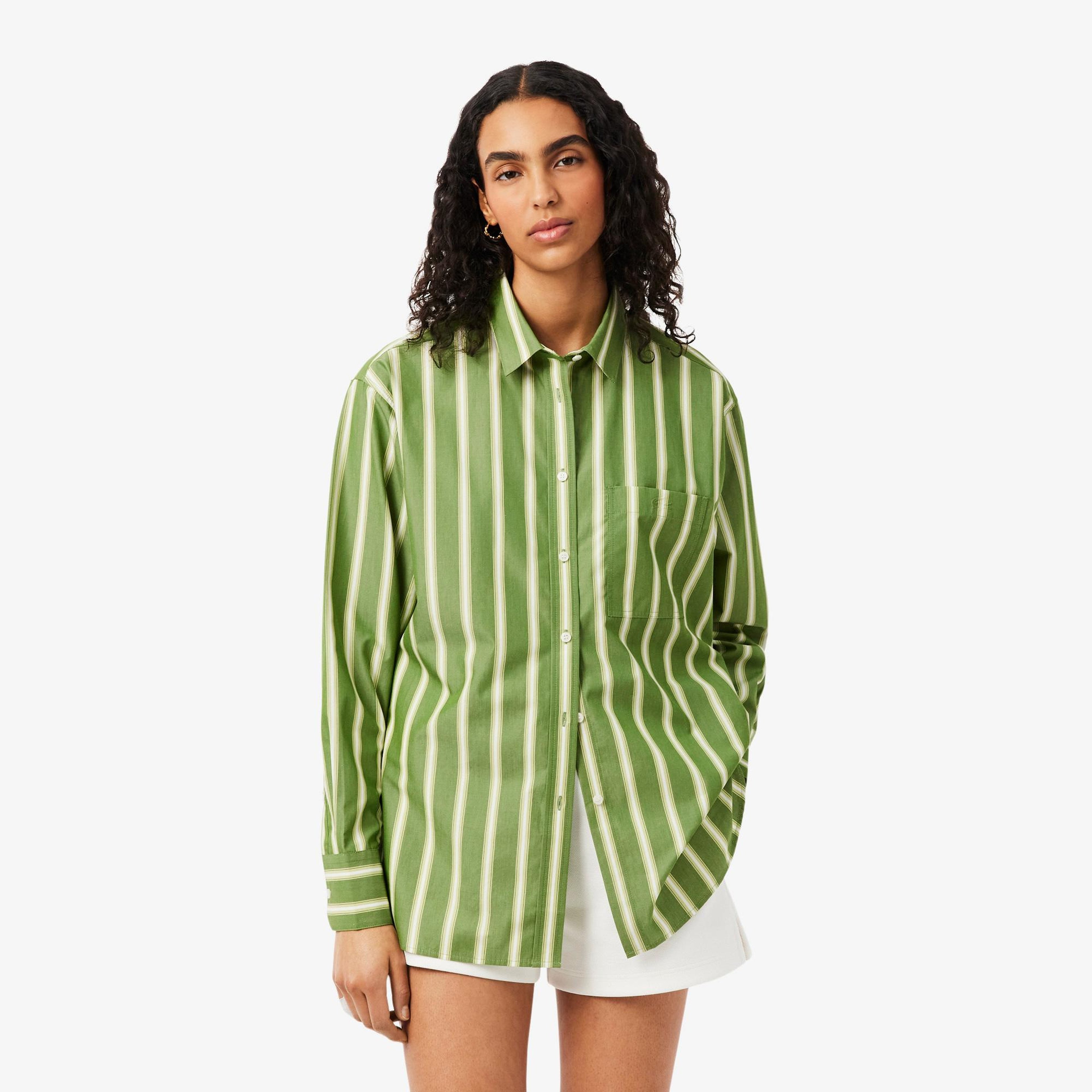 Kadın Oversize Fit Çizgili Yeşil Gömlek