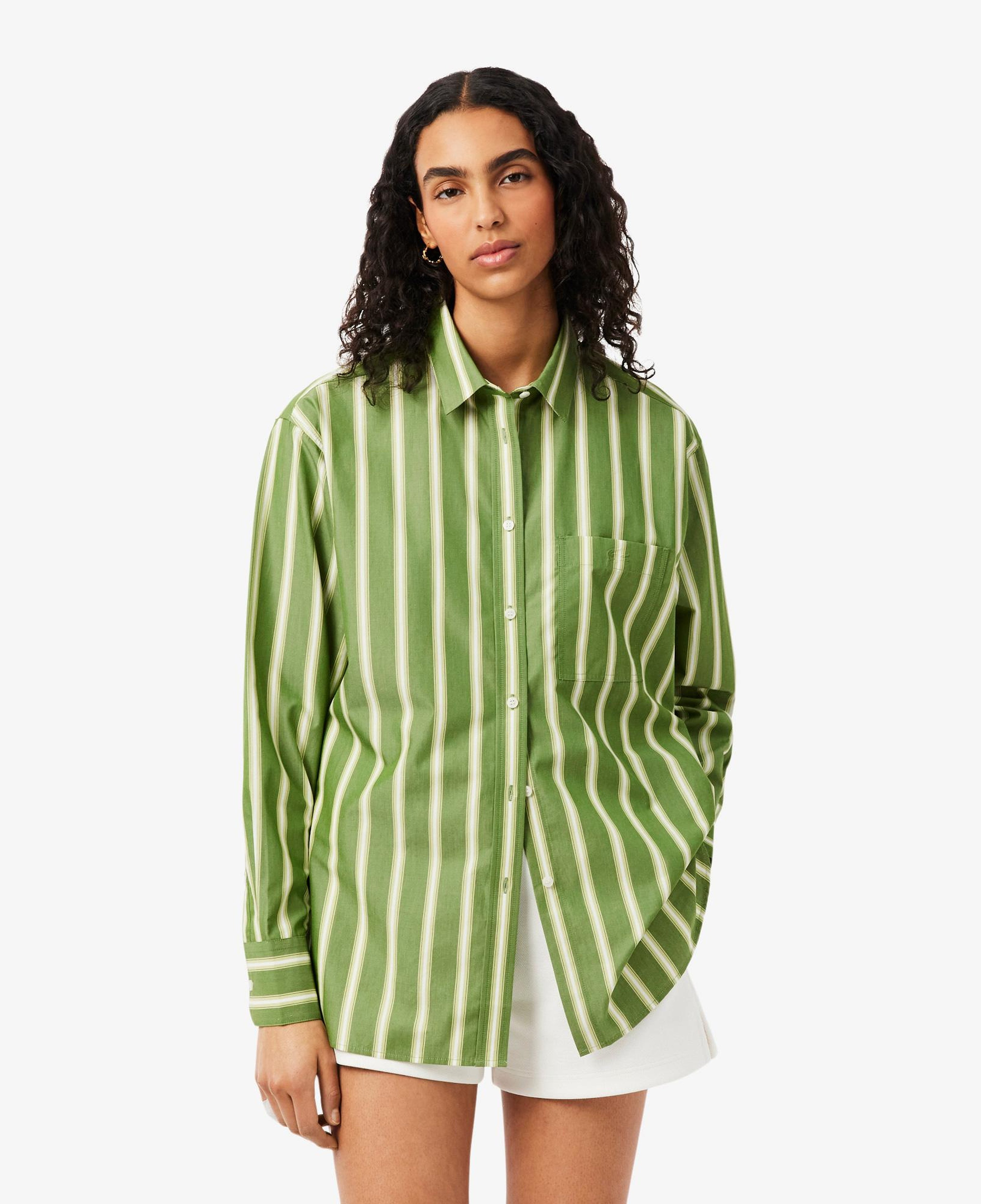 Kadın Oversize Fit Çizgili Yeşil Gömlek