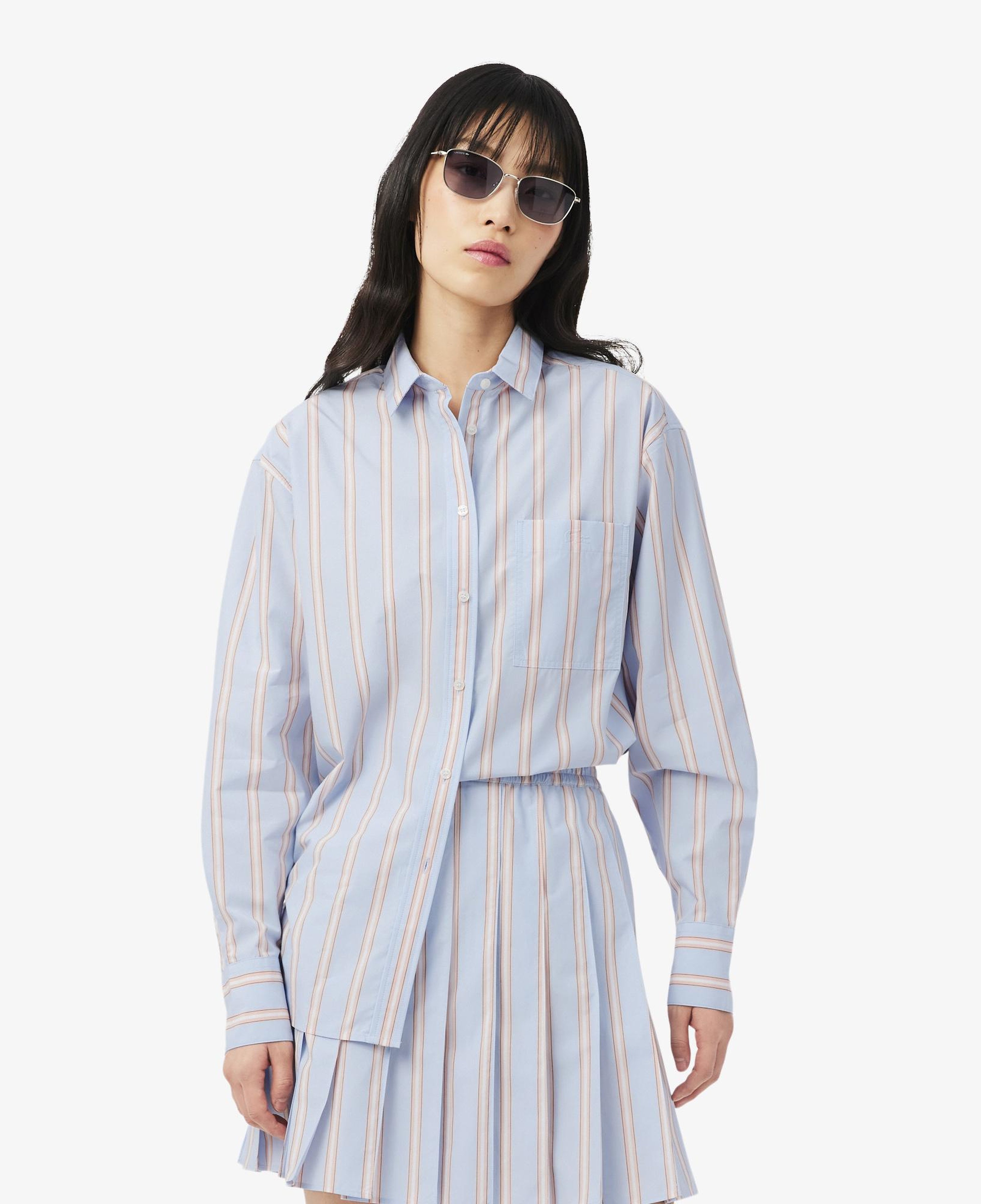 Kadın Oversize Fit Çizgili Mavi Gömlek
