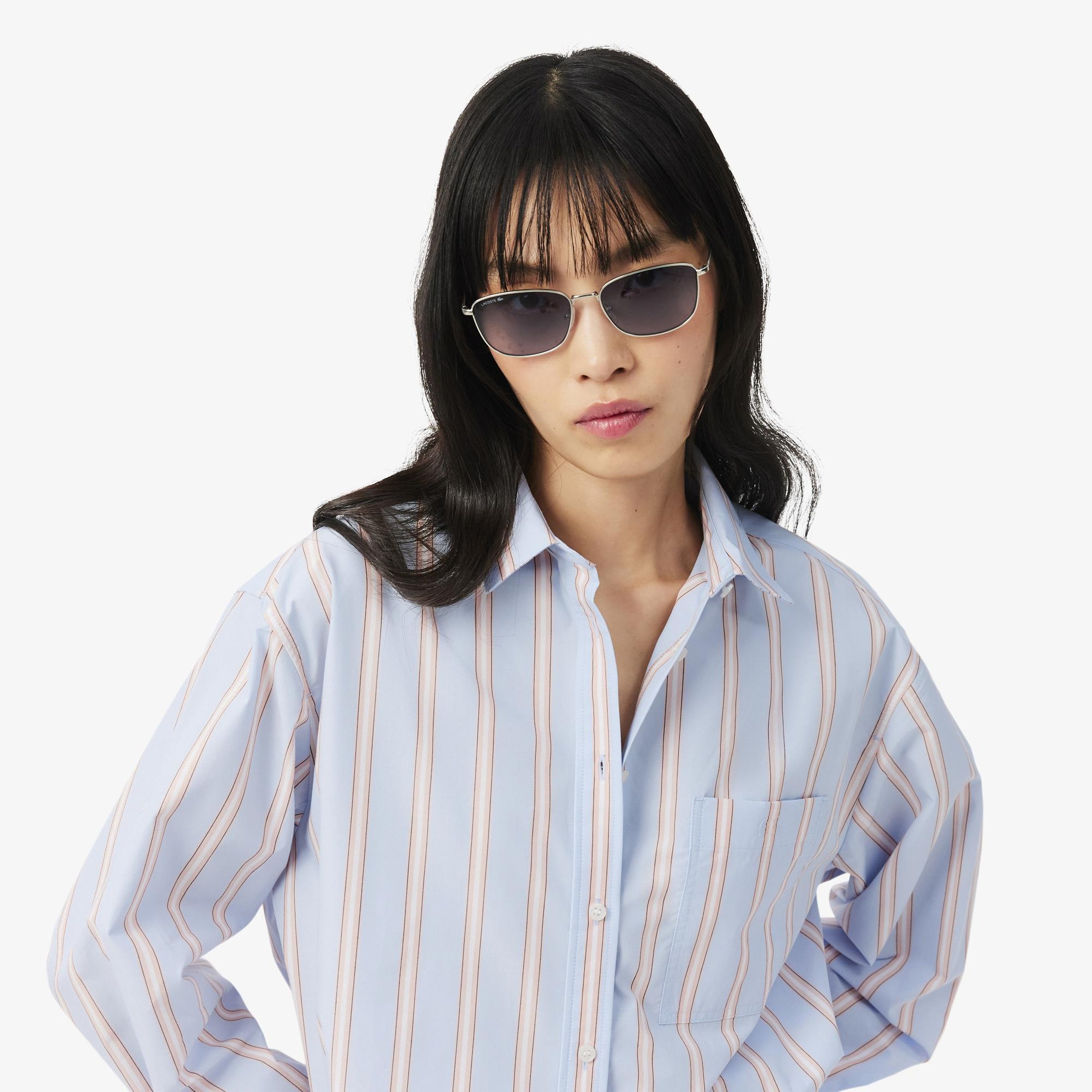 Kadın Oversize Fit Çizgili Mavi Gömlek