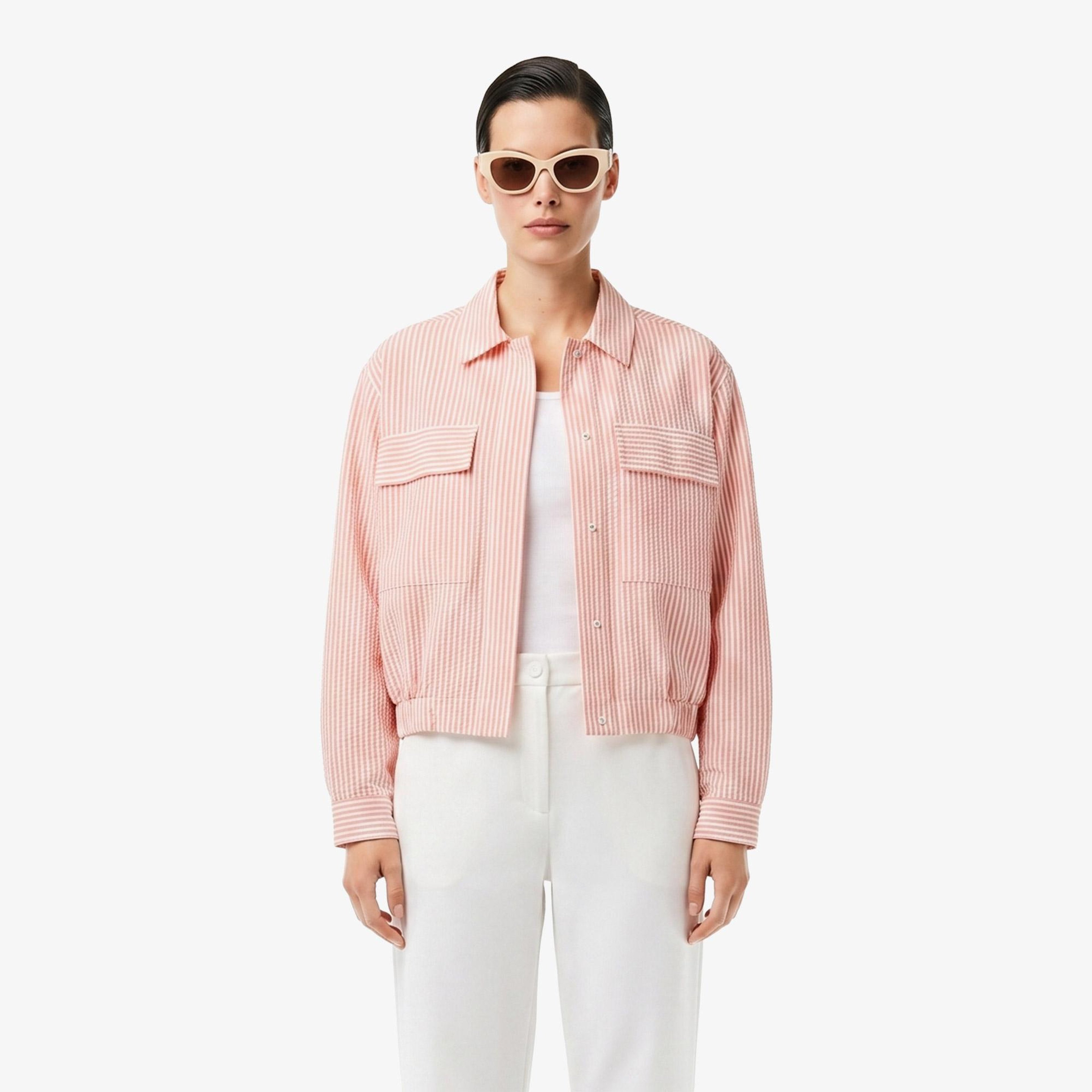 Kadın Relaxed Fit Çizgili Pembe Ceket