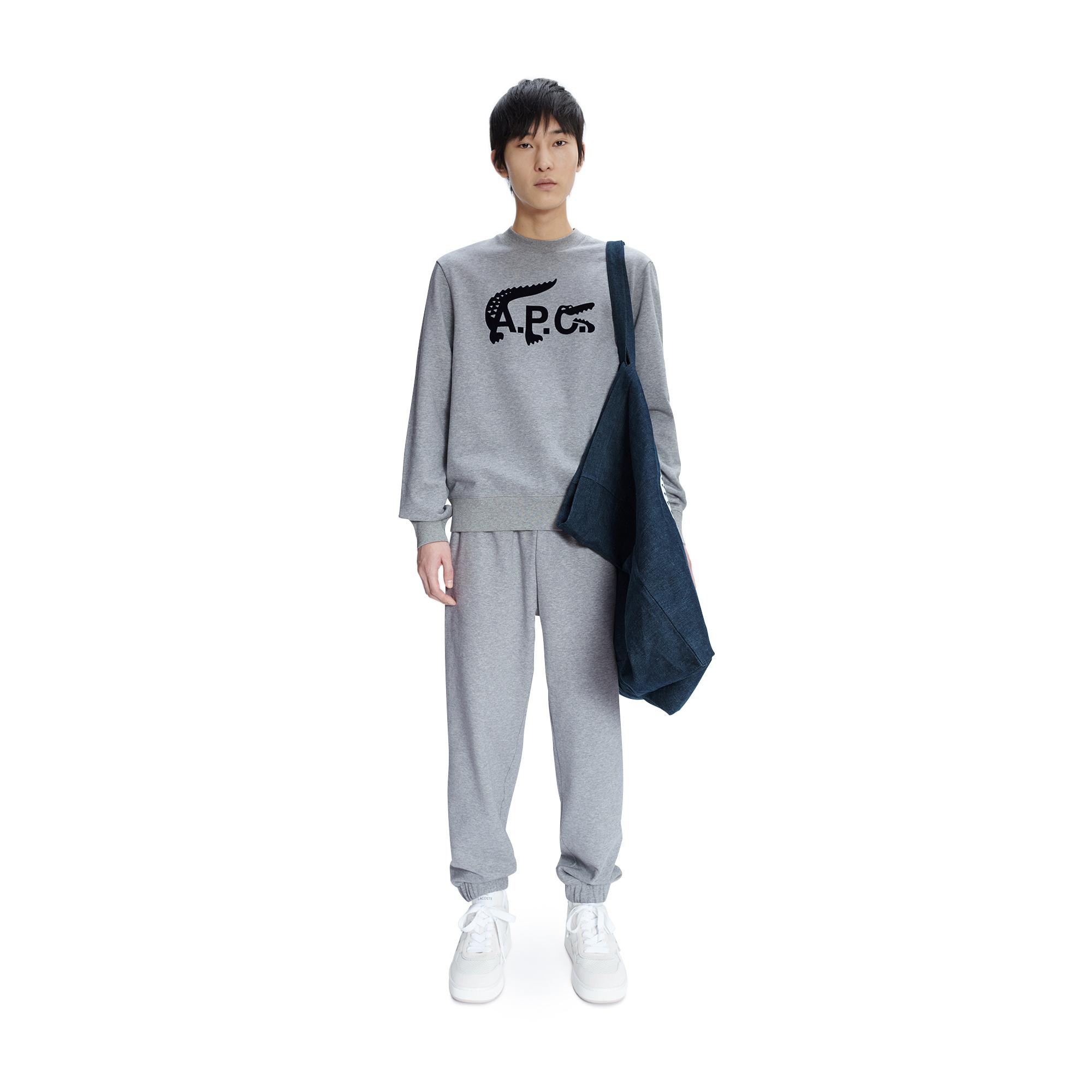 Lacoste X A.P.C Unisex Relaxed Fit Bisiklet Yaka Baskılı Gri Sweatshirt