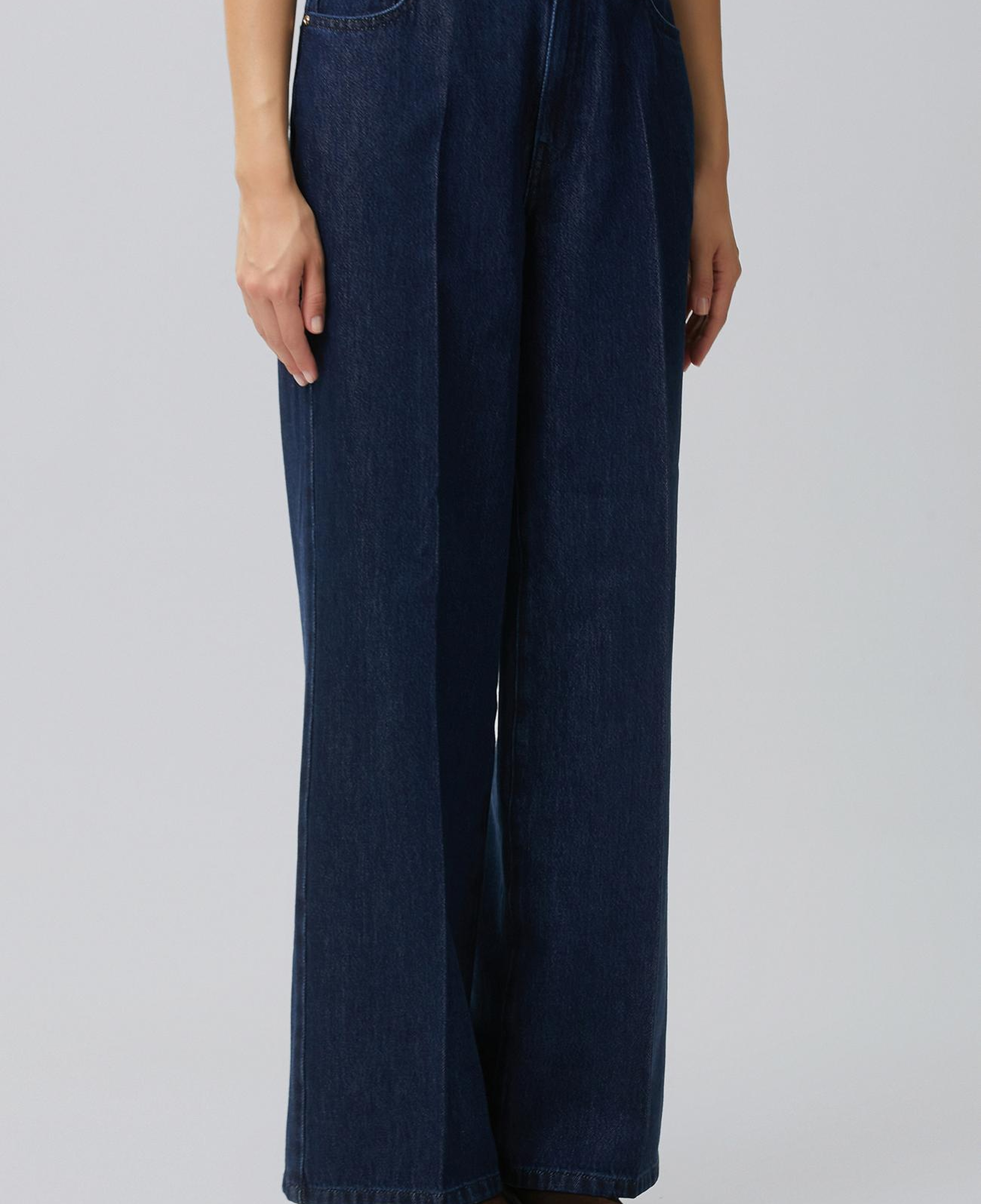 Network Kadın İndigo Mid Waist Wide Leg Ütü İzli Denim Pantolon