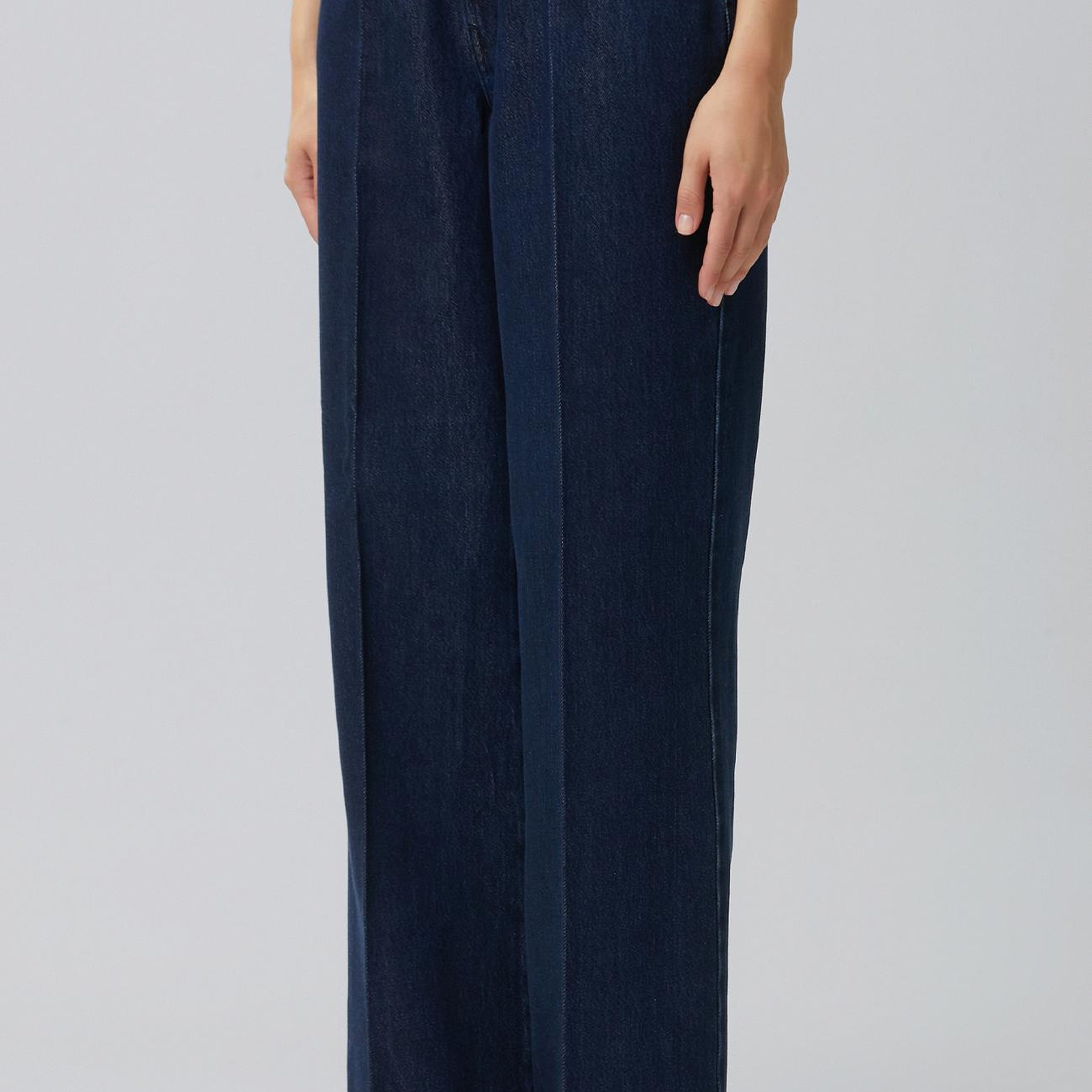 Network Kadın İndigo Mid Waist Wide Leg Ütü İzli Denim Pantolon
