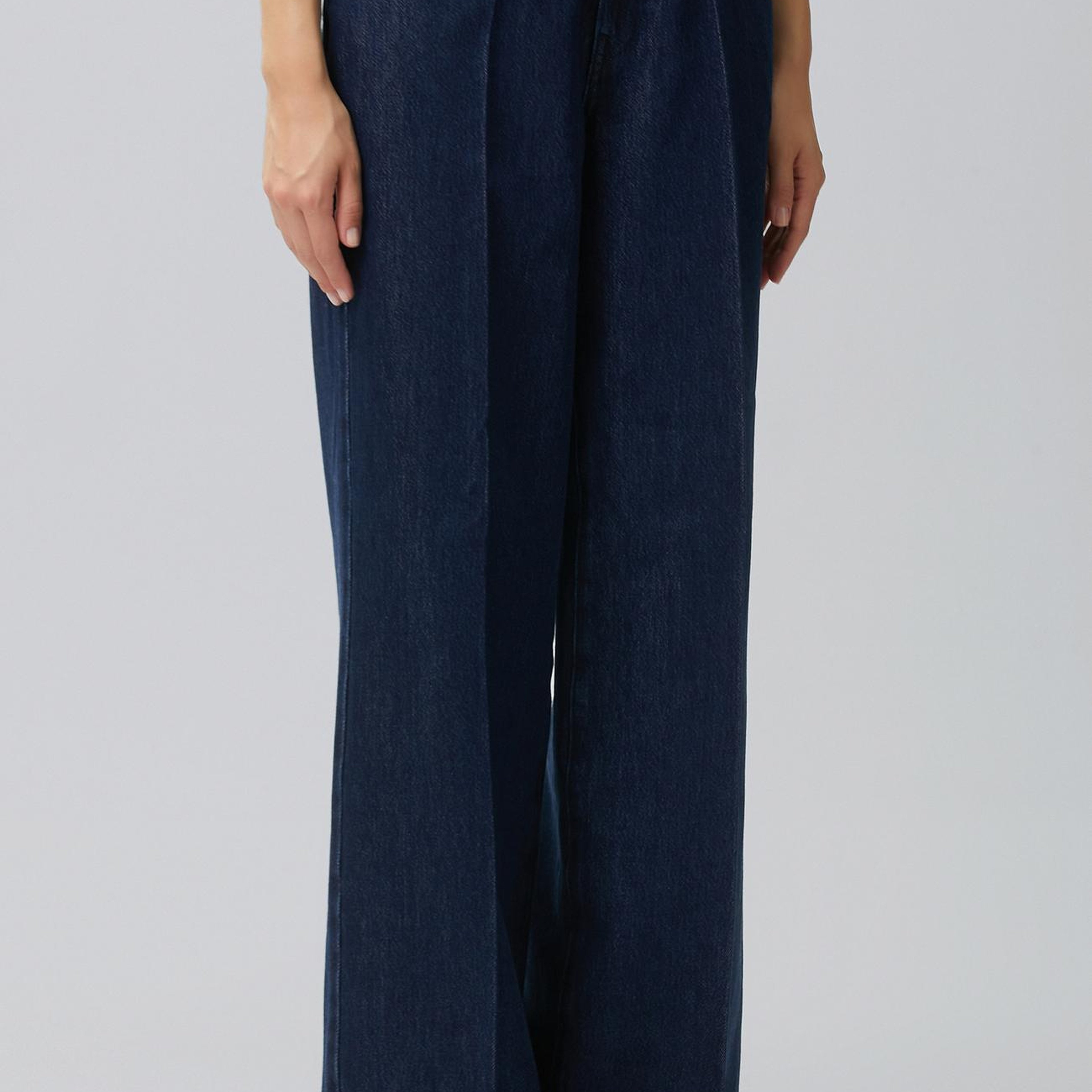Network Kadın İndigo Mid Waist Wide Leg Ütü İzli Denim Pantolon