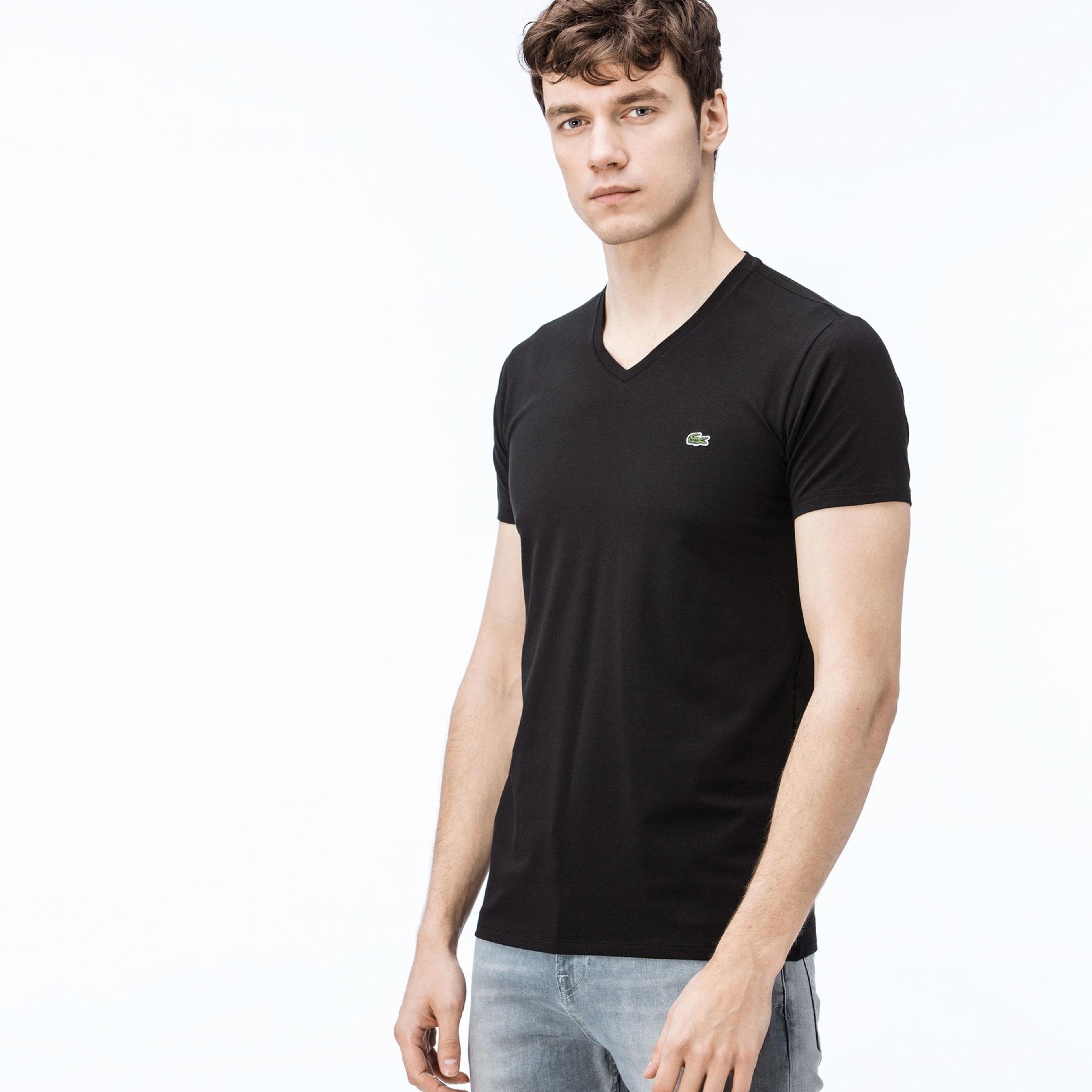 Lacoste Erkek Slim Fit V Yaka Siyah T-Shirt