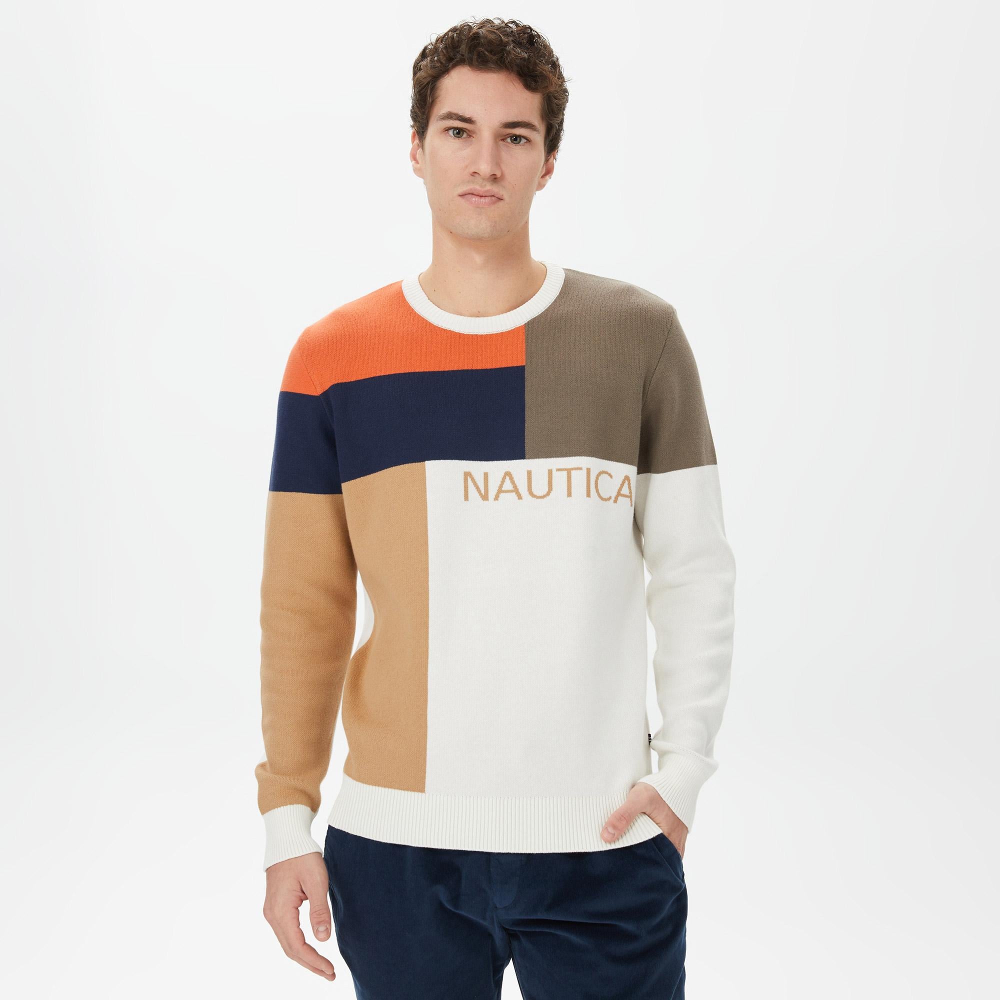 Nautica Erkek Beyaz Standart Fit Renk Bloklu Kazak